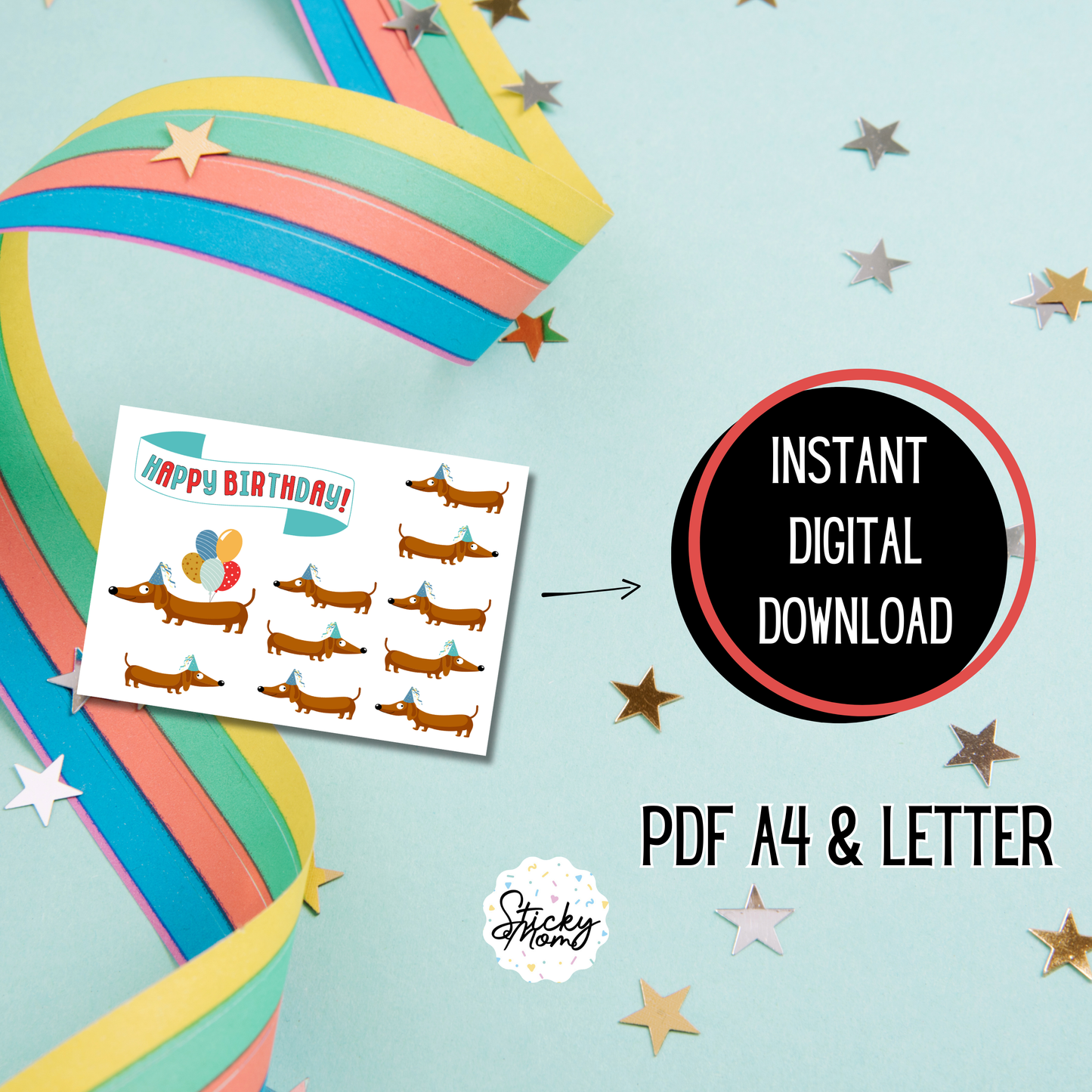 Dachshund Birthday Printable Cake topper - teal