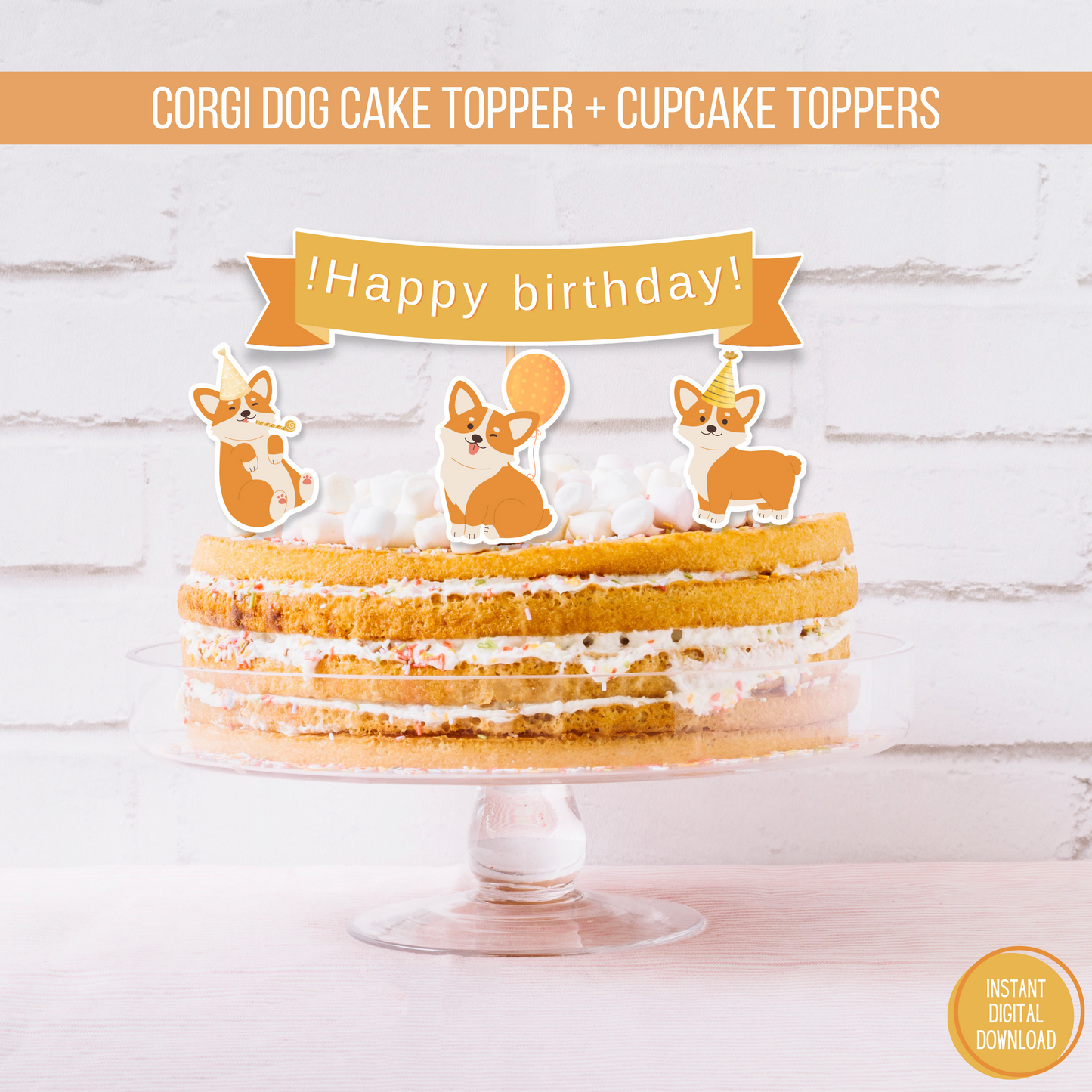 Corgi dog cake topper, happy birthday corgi dog, corgi dog party printable instant download