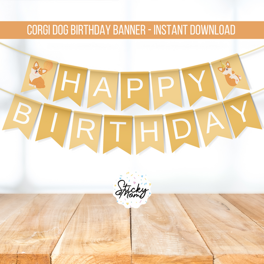 Corgi Happy birthday banner dog Birthday Printable dog party garland corgi puppy dog pawty digital instant download