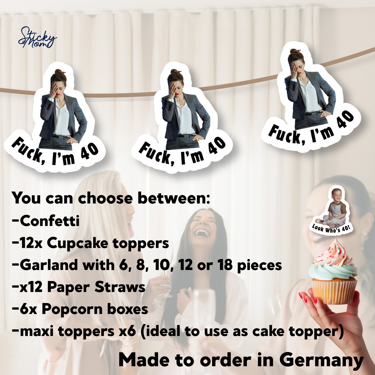 Fuck im 40 Look whos 30 50 60 70 Birthday photo confetti , photo cupcake toppers confetti popcorn boxes cake topper picture paper straws