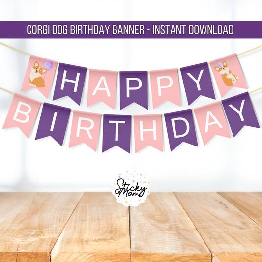 Happy birthday banner corgi dog Birthday Printable dog party garland corgi puppy dog pawty digital instant download pink dog party decorations