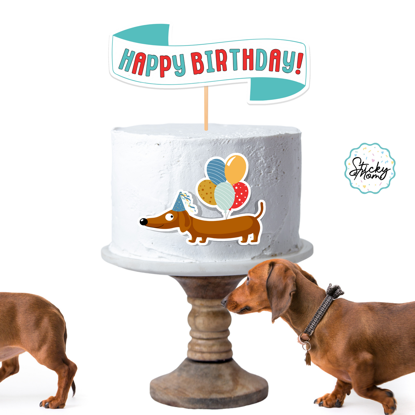 Dachshund Birthday Printable Cake topper - teal