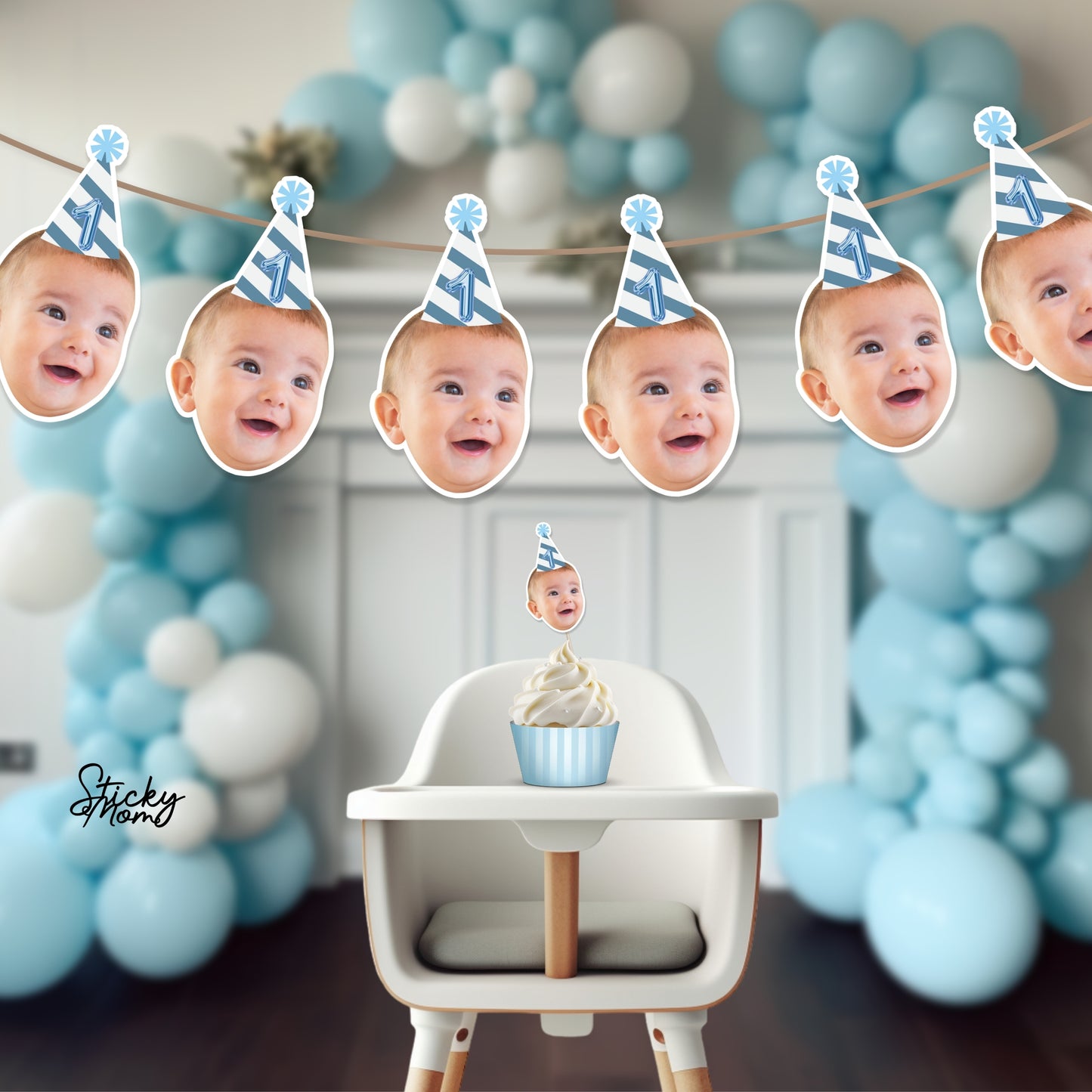 Baby personalized face banner & cupcake toppers