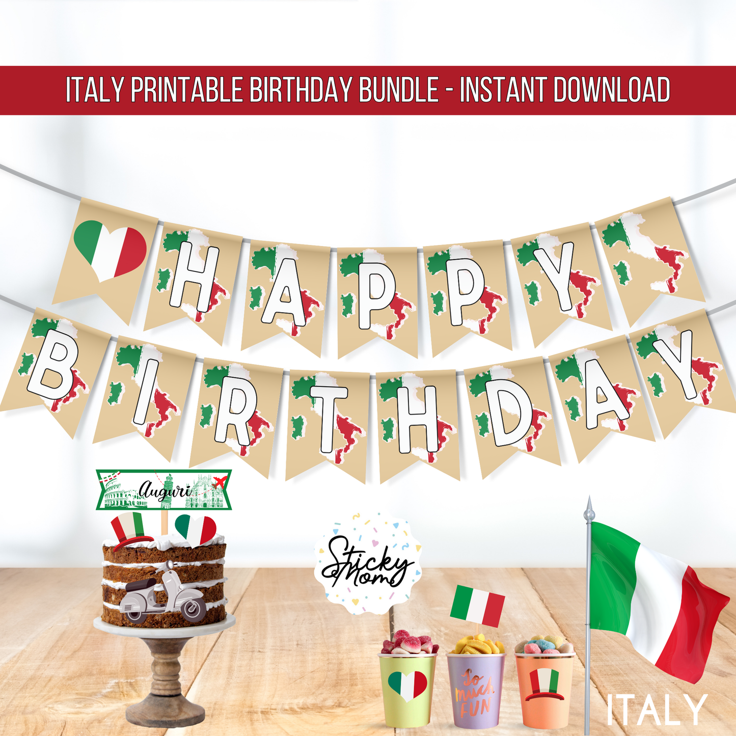 Italien Happy Birthday Banner, Italien Tortenaufsatz, Italien Cupcake Topper - druckbar