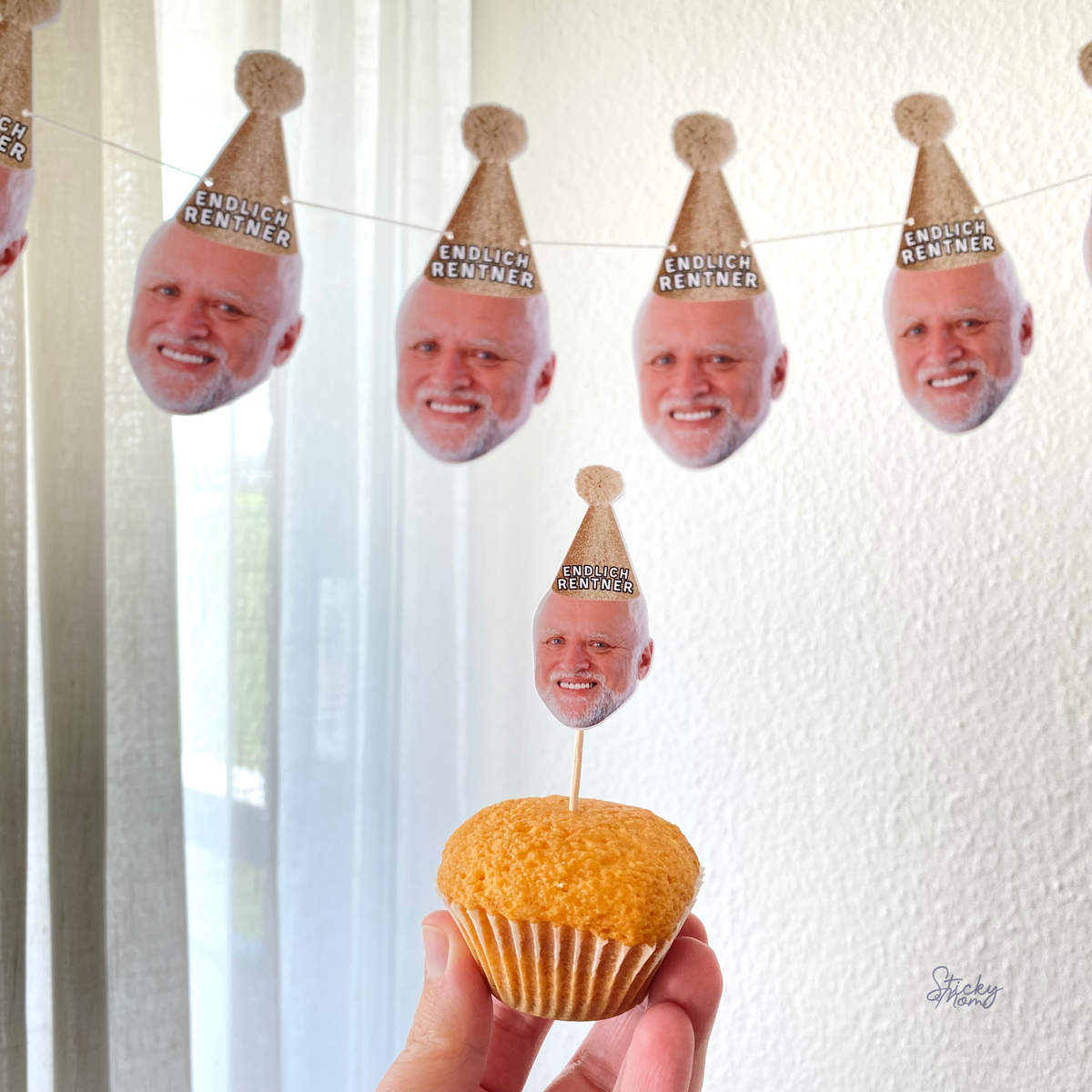 Retirement face banner, cupcake toppers and confetti
