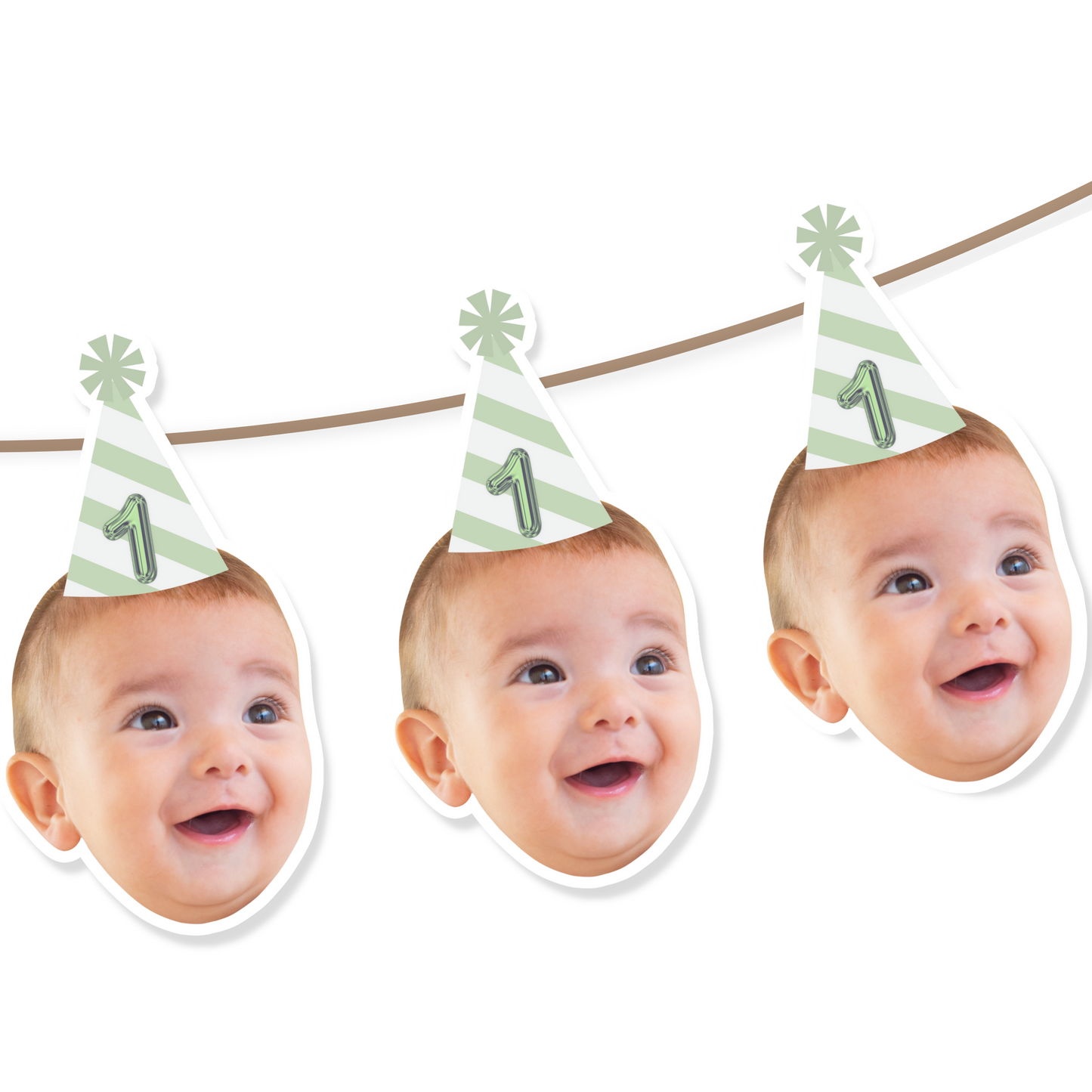 Baby face banner, cupcake toppers and party hat!