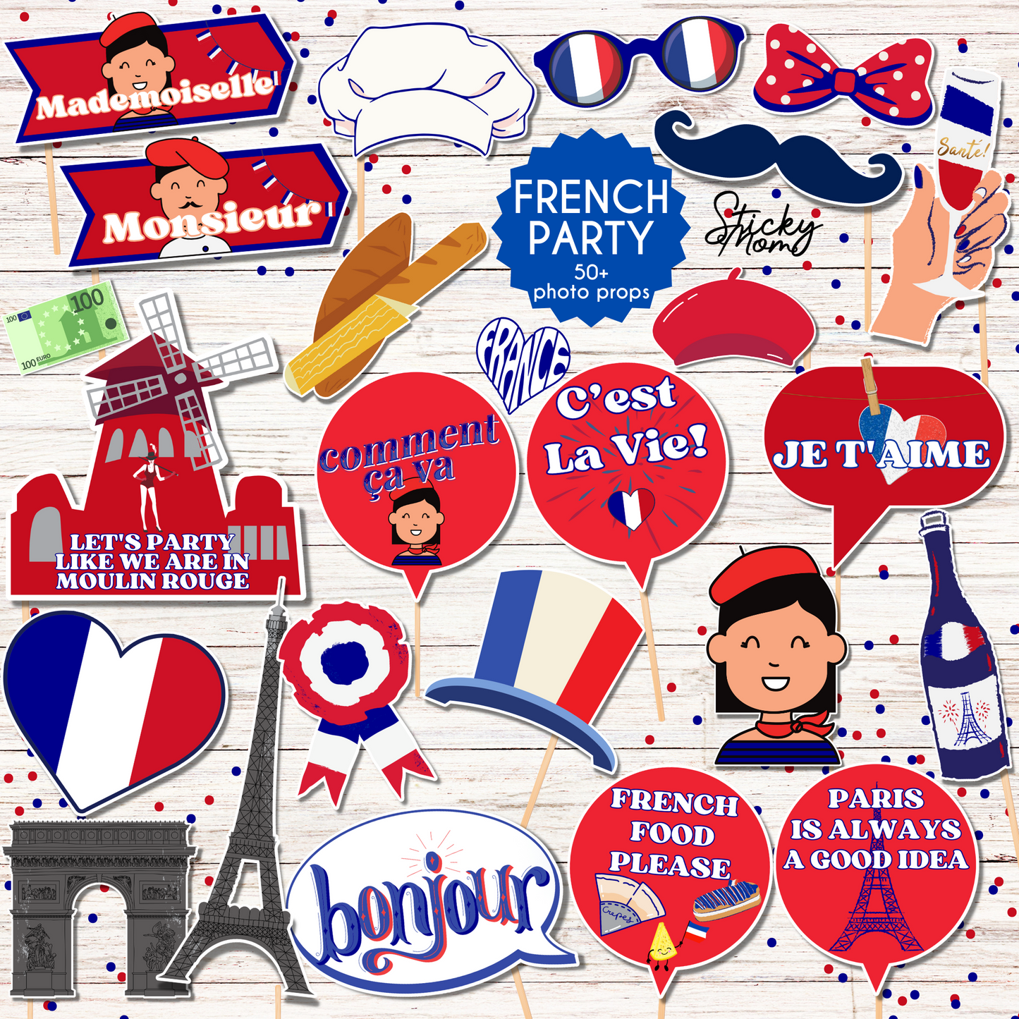 France Party Photo Props - printable french photobooth