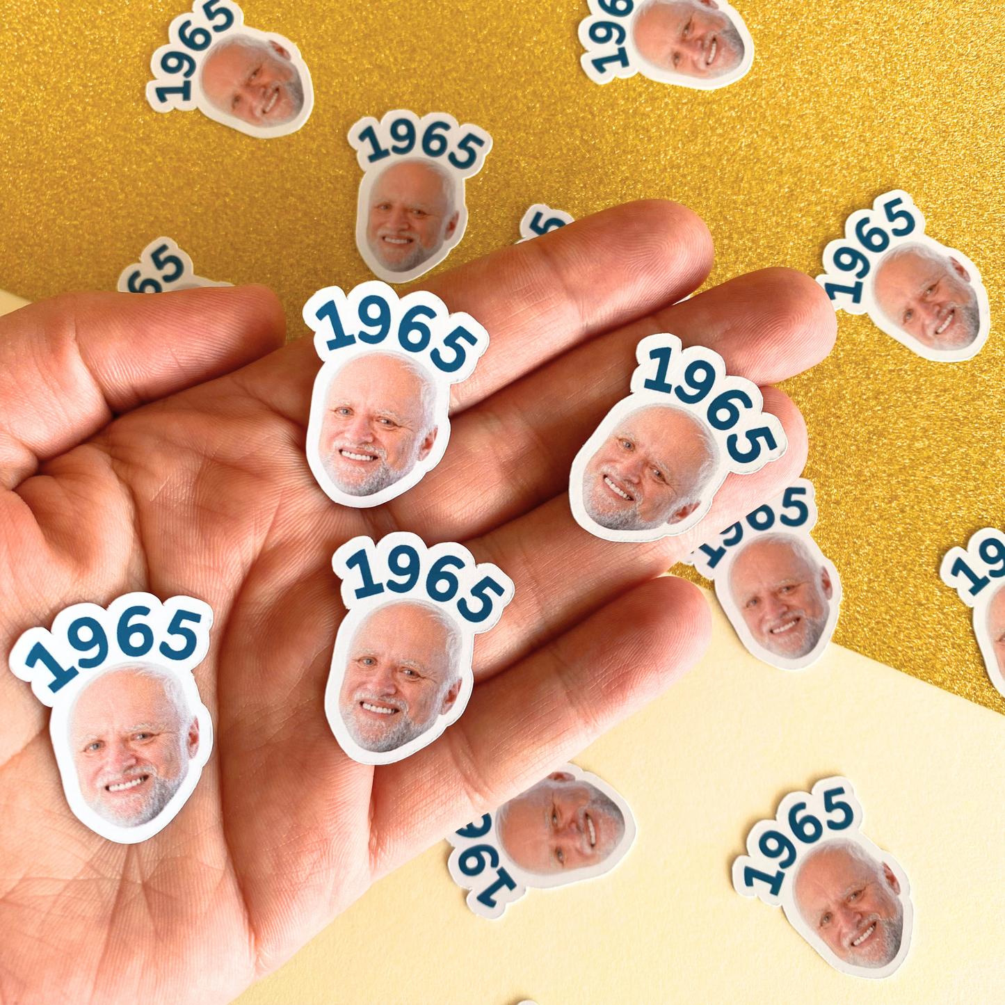 Year of birth face banner, photo cupcake toppers and confetti