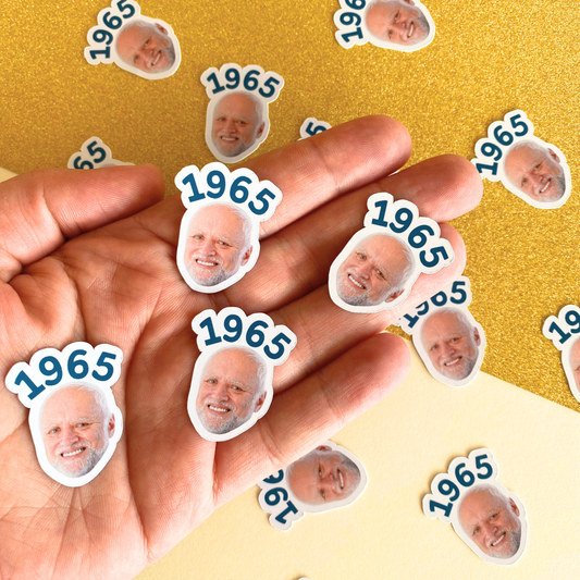 Year of birth face banner, photo cupcake toppers and confetti
