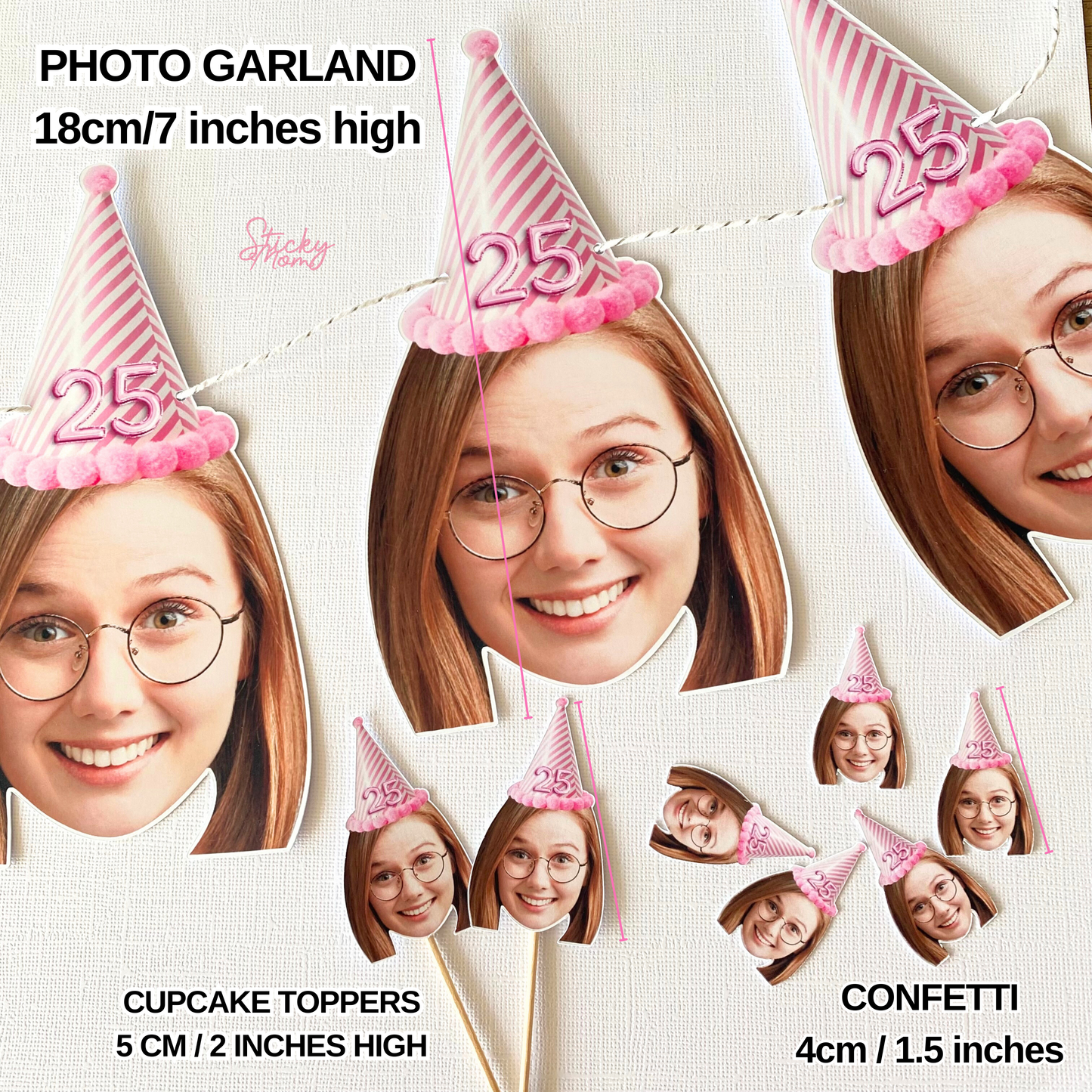 birthday photo banner, photo garland, photo edit for birthday party, photo confetti, photo cupcake toppers, face confetti 20th birthday 30th birthday 40th birthday stickymomshop image