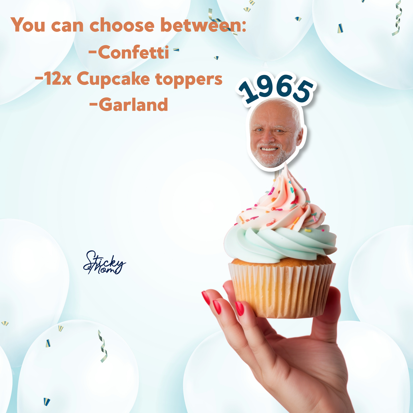 Year of birth face banner, photo cupcake toppers and confetti