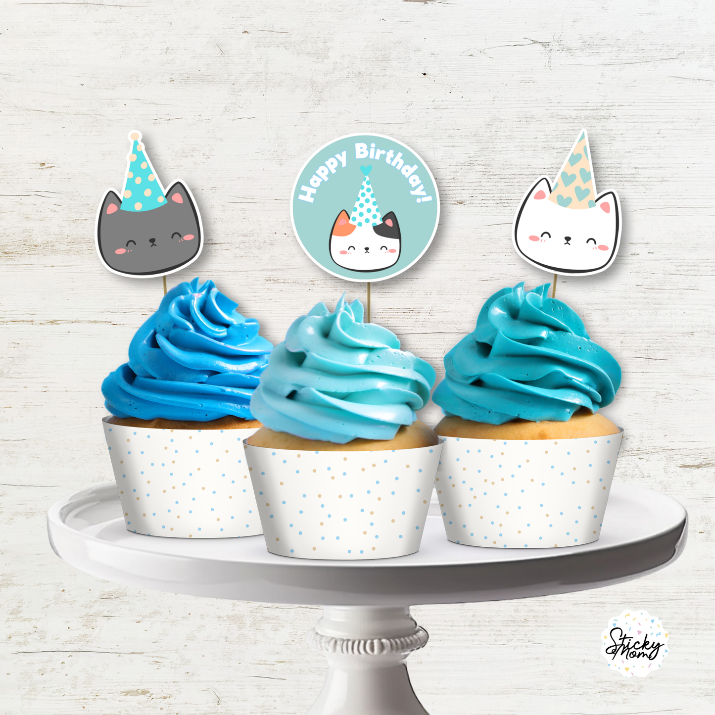 Cat Birthday Printable Cake topper - blue