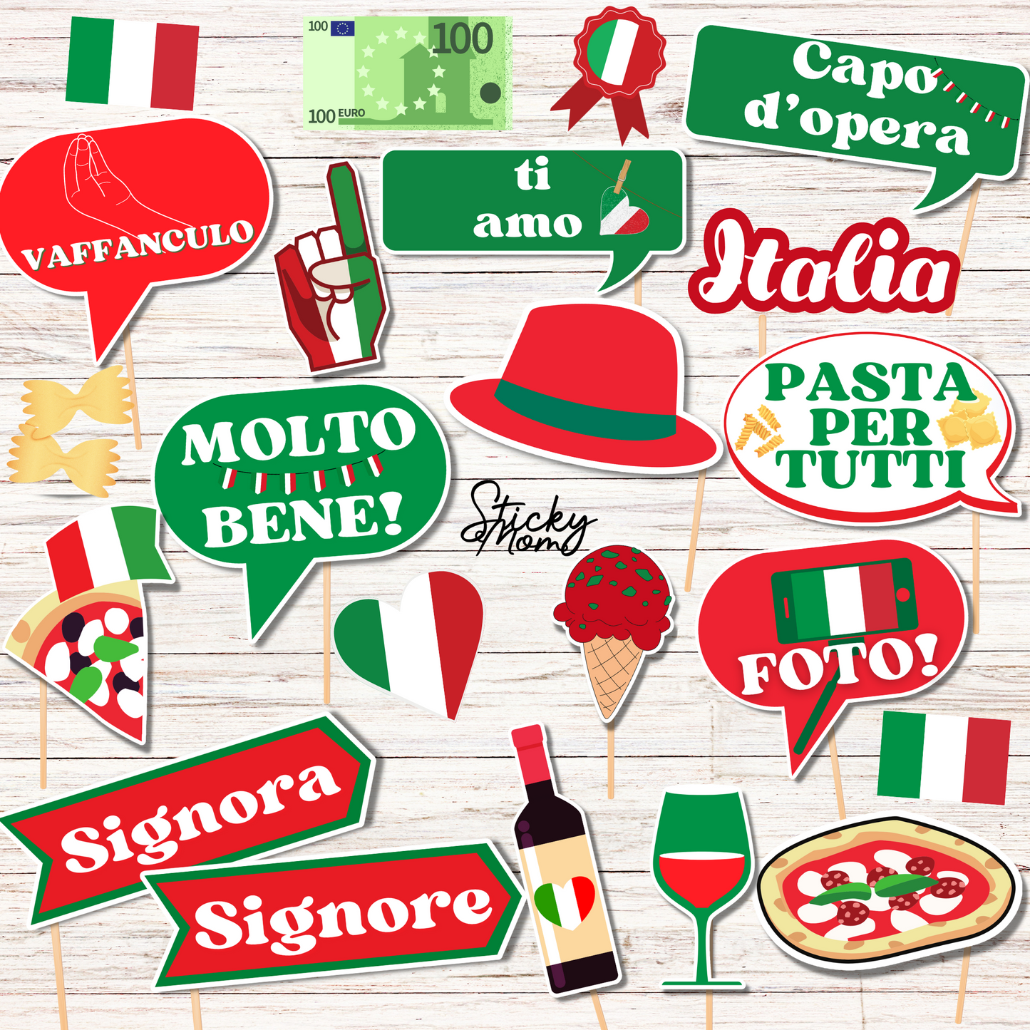 Italy Party Photo Props - printable italian photobooth