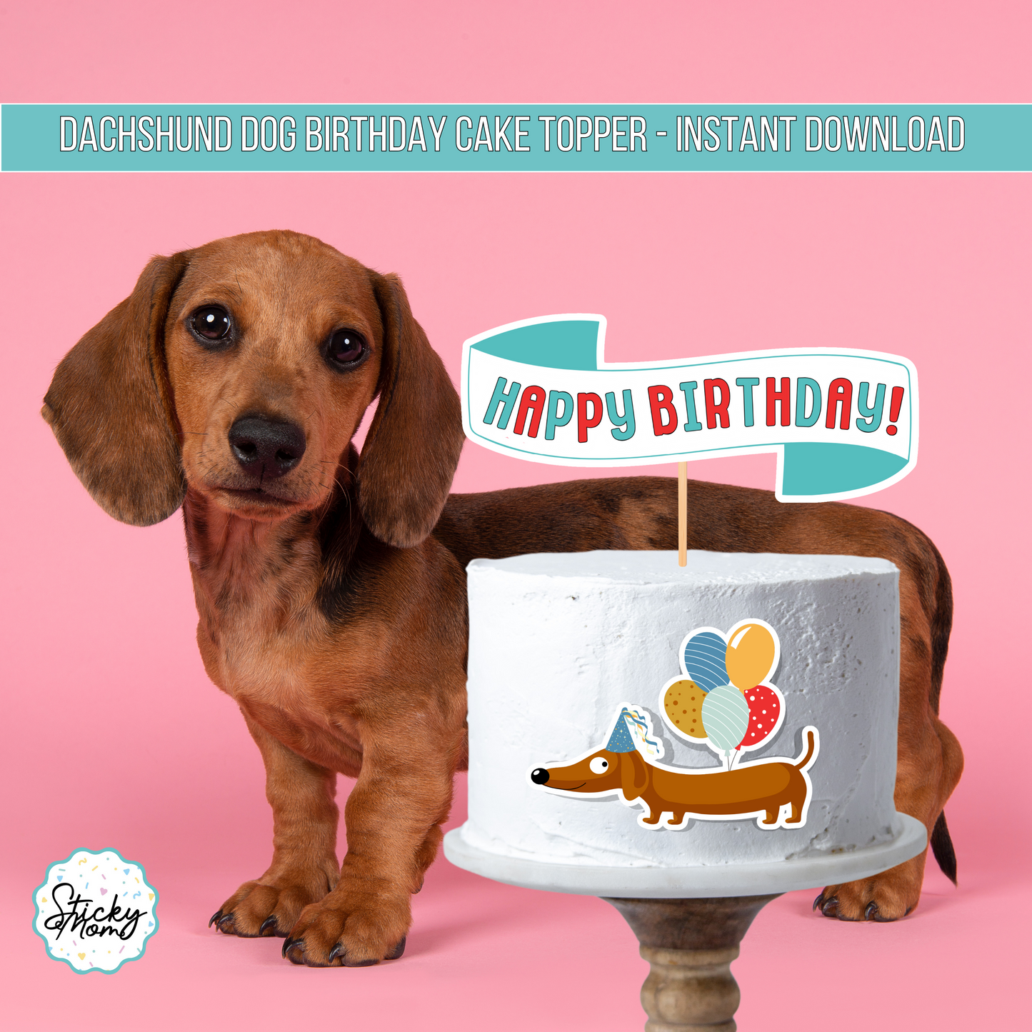 Dachshund Birthday Printable Cake topper - teal