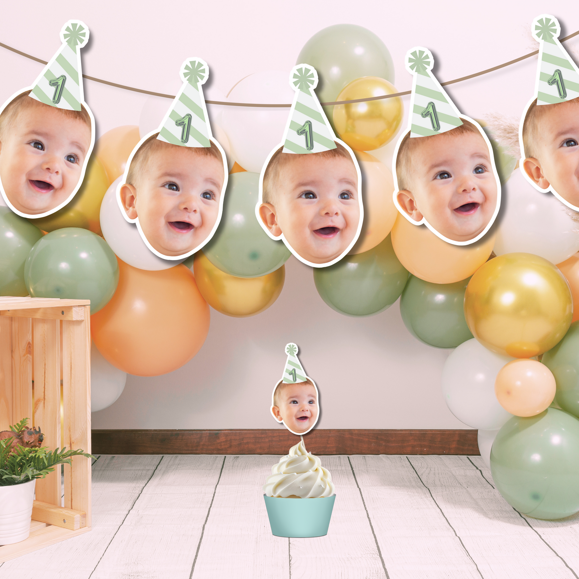 baby face banner, photo banner, green baby party decorations, party printable