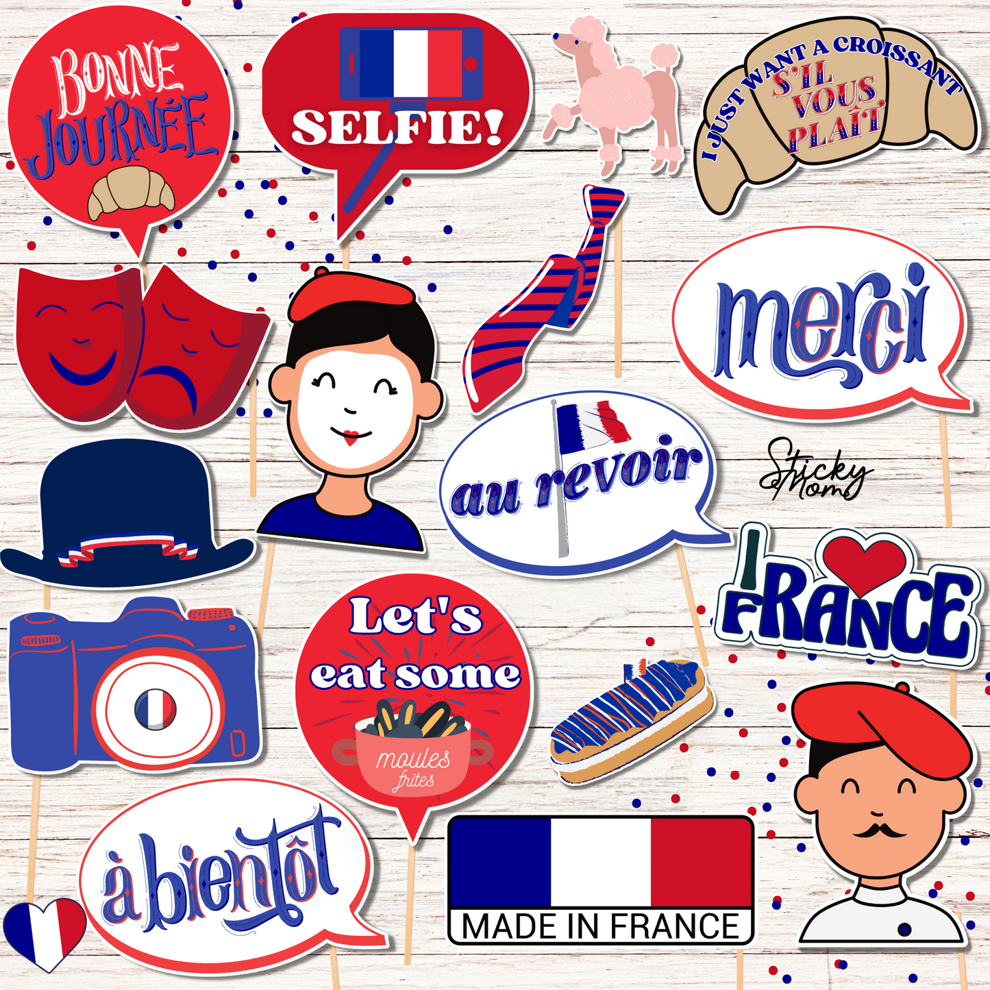 France Party Photo Props - printable french photobooth