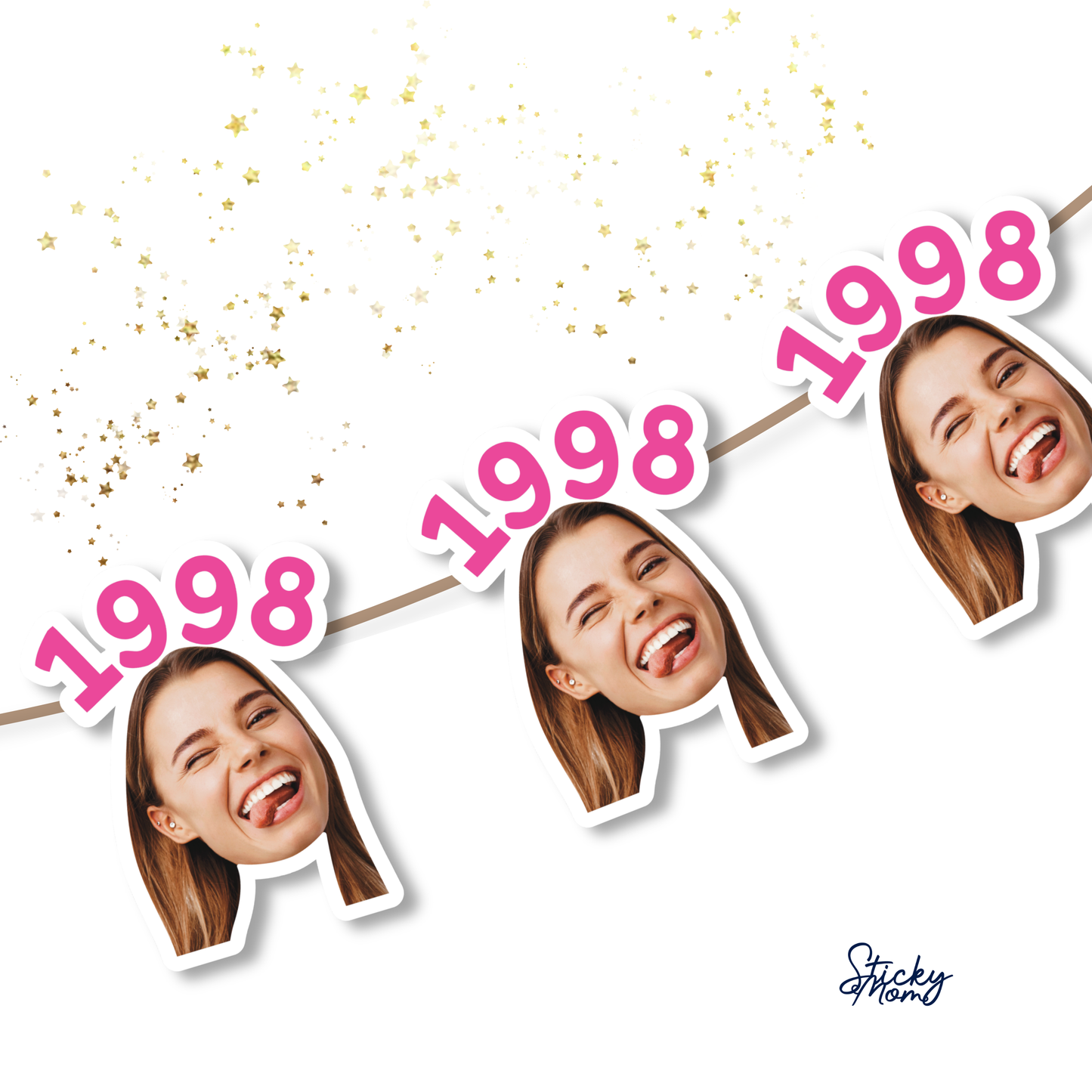 Year of birth face banner, photo cupcake toppers and confetti