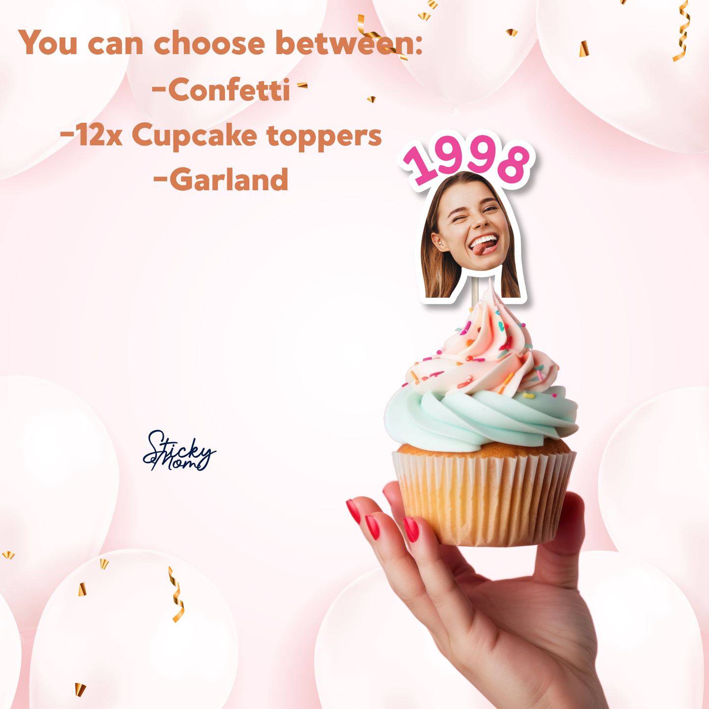 Year of birth face banner, photo cupcake toppers and confetti