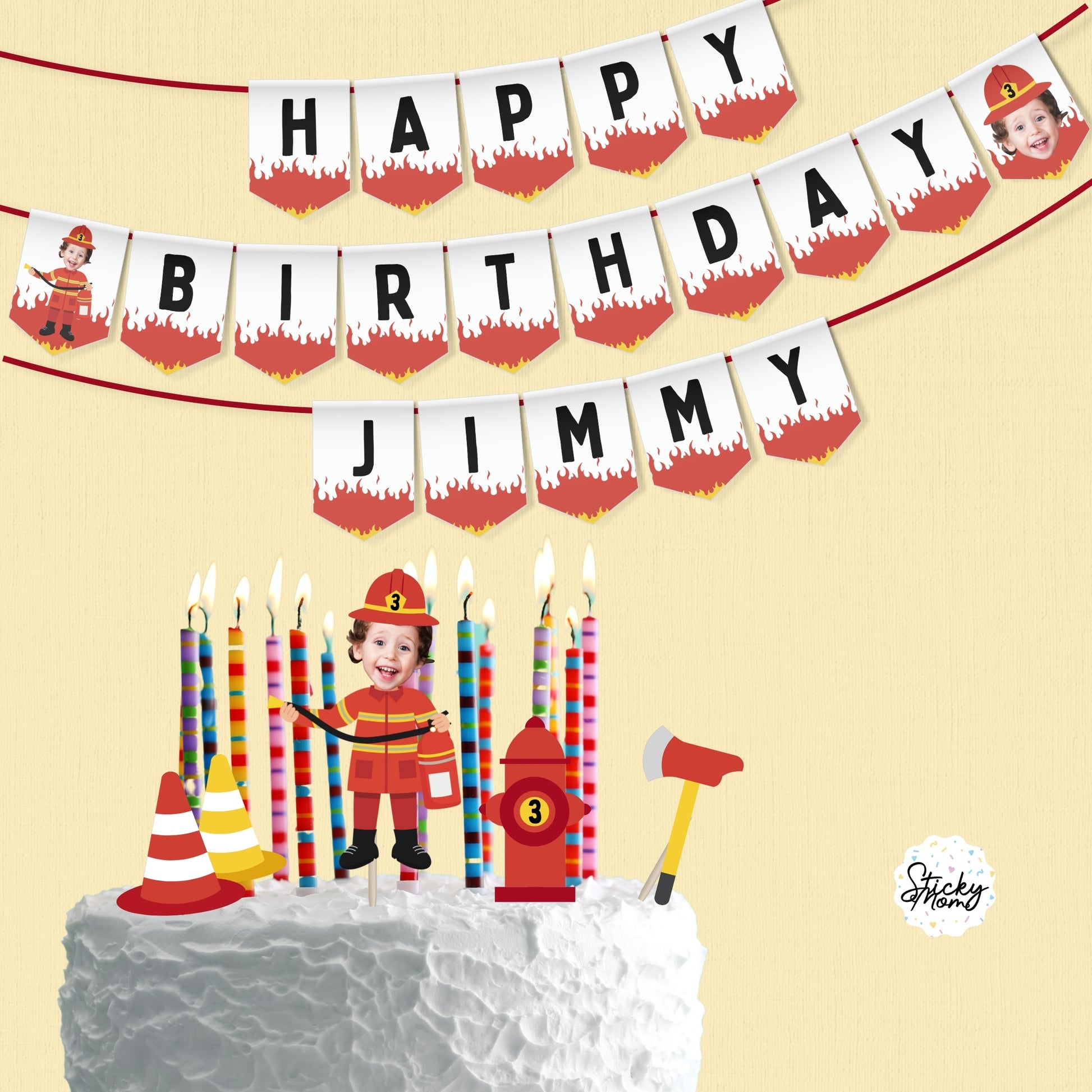 cake topper Firefighter party bundle / Fireman Custom Photo banner | printable firefighter birthday party decorations - digital