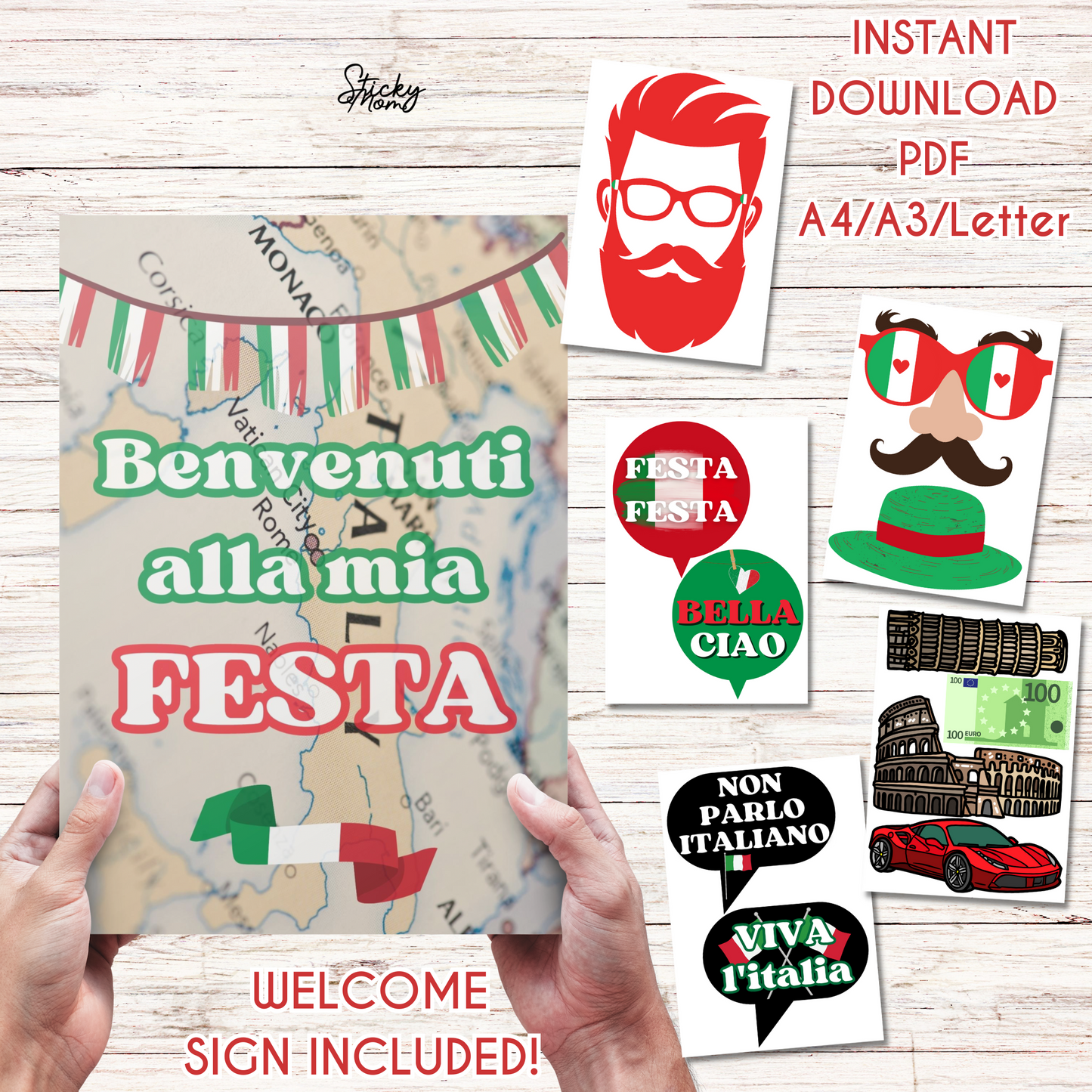 Italy Party Photo Props - printable italian photobooth