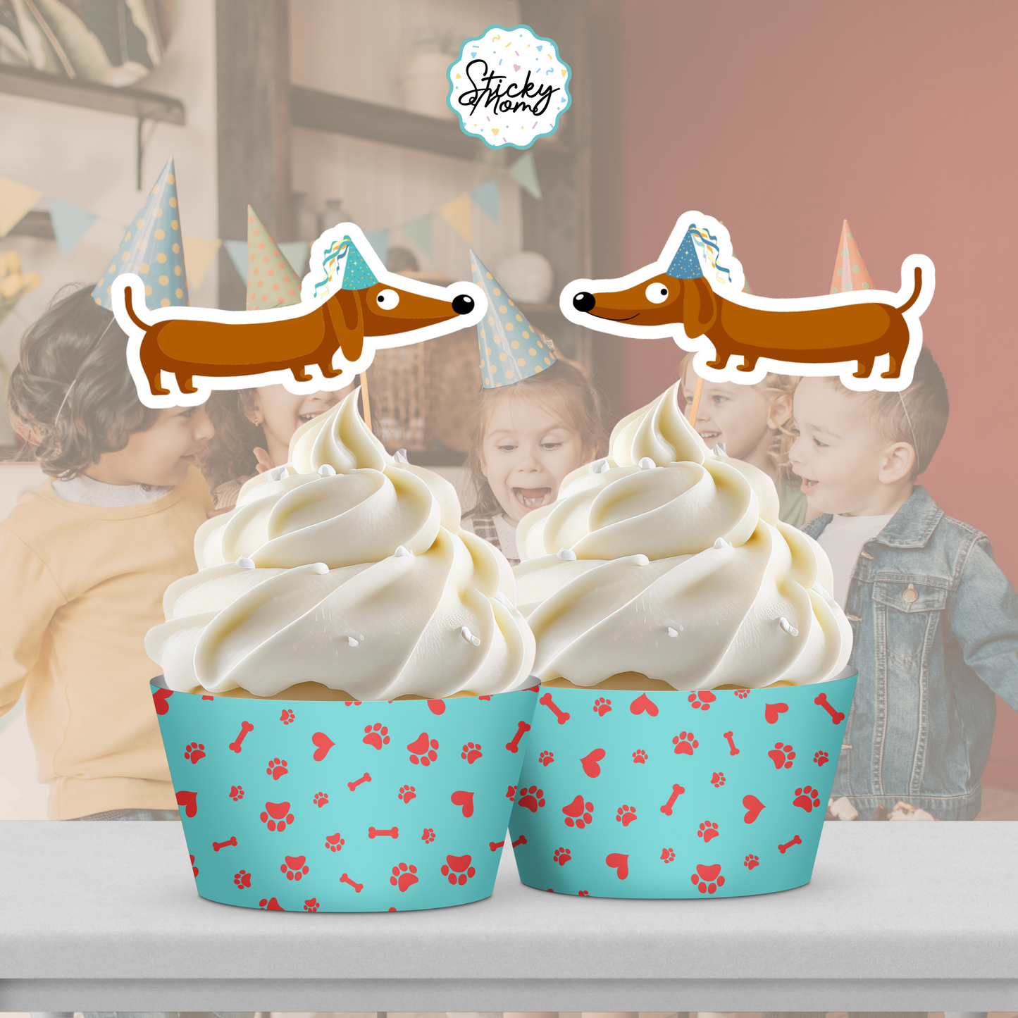 Dachshund Birthday Printable Cake topper - teal