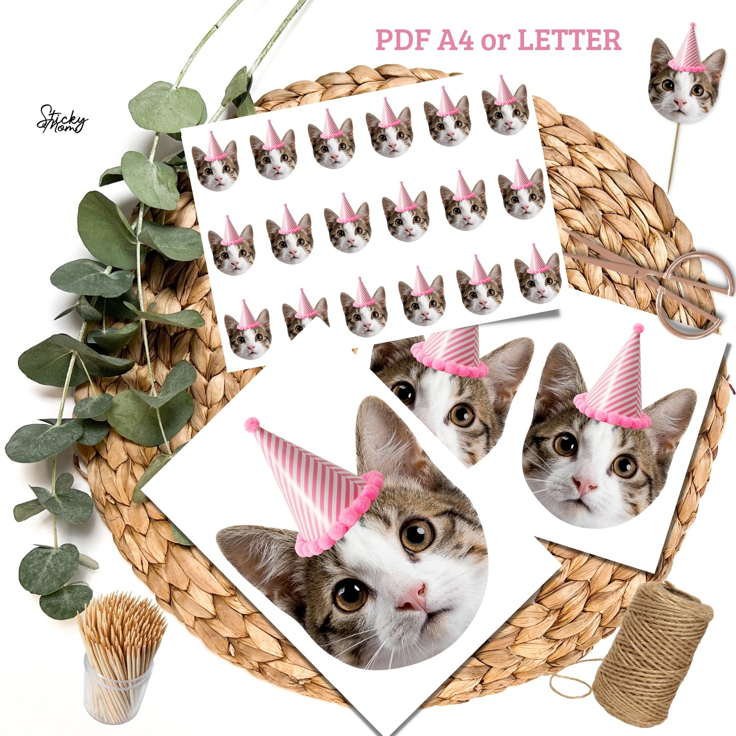 Cat personalized face banner & cupcake toppers