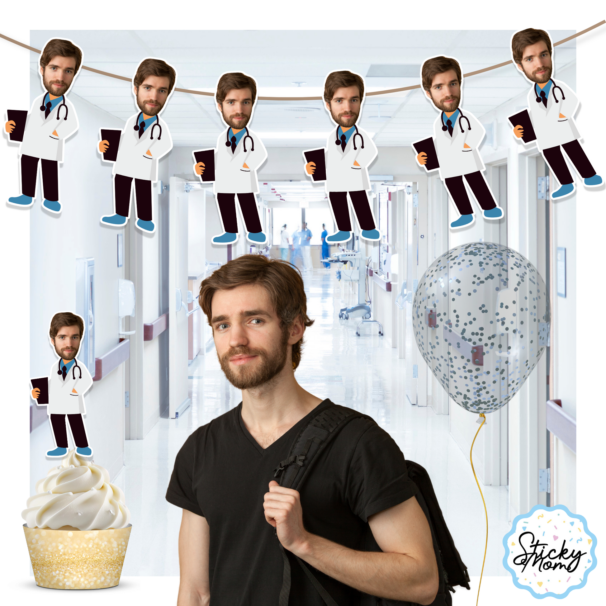 Happy doctors day banner, Doctor Face Banner medicine Cupcake Toppers photo banner Printable Graduation Party Decor - digital