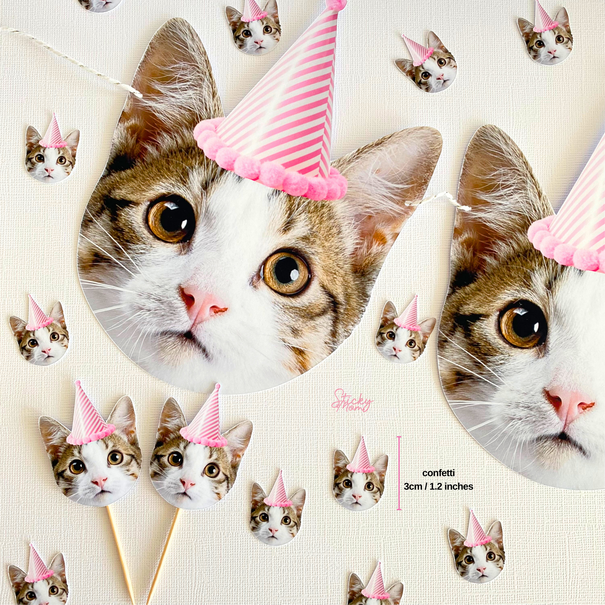 cat face banner, photo banner, baby face banner, kitten party decorations, cat birthday party garland, cat party ideas, cat birthday ideas, fun cat birthday, gift for cat lover, cat lovers, cat owners present, cat owners gift, personalized cat banner, cat confetti, cat table decorations, cat party store