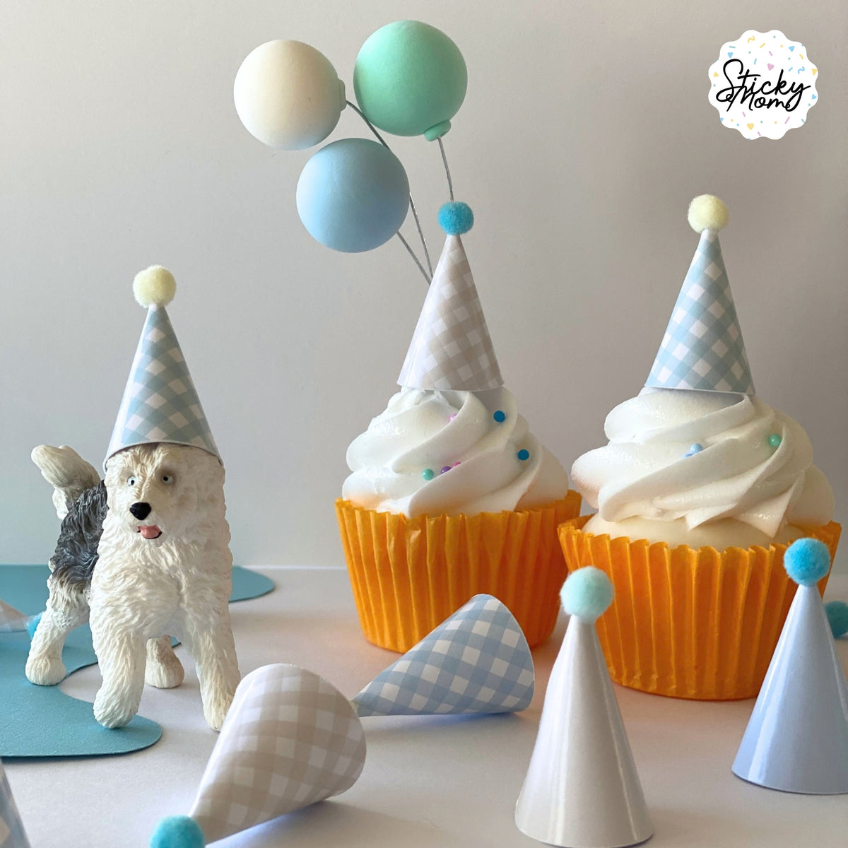 12x Mini Party Hats Pom Poms for Cupcake Toppers, Animal Figurines & Plushies | Rainbow birthday Tiny Paper Cone Hats Set | Optional Elastic
