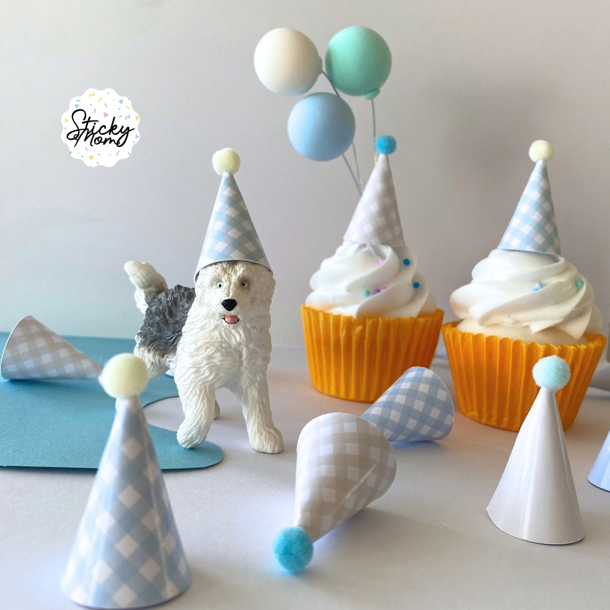12x Mini Party Hats Pom Poms for Cupcake Toppers, Animal Figurines & Plushies | Rainbow birthday Tiny Paper Cone Hats Set | Optional Elastic