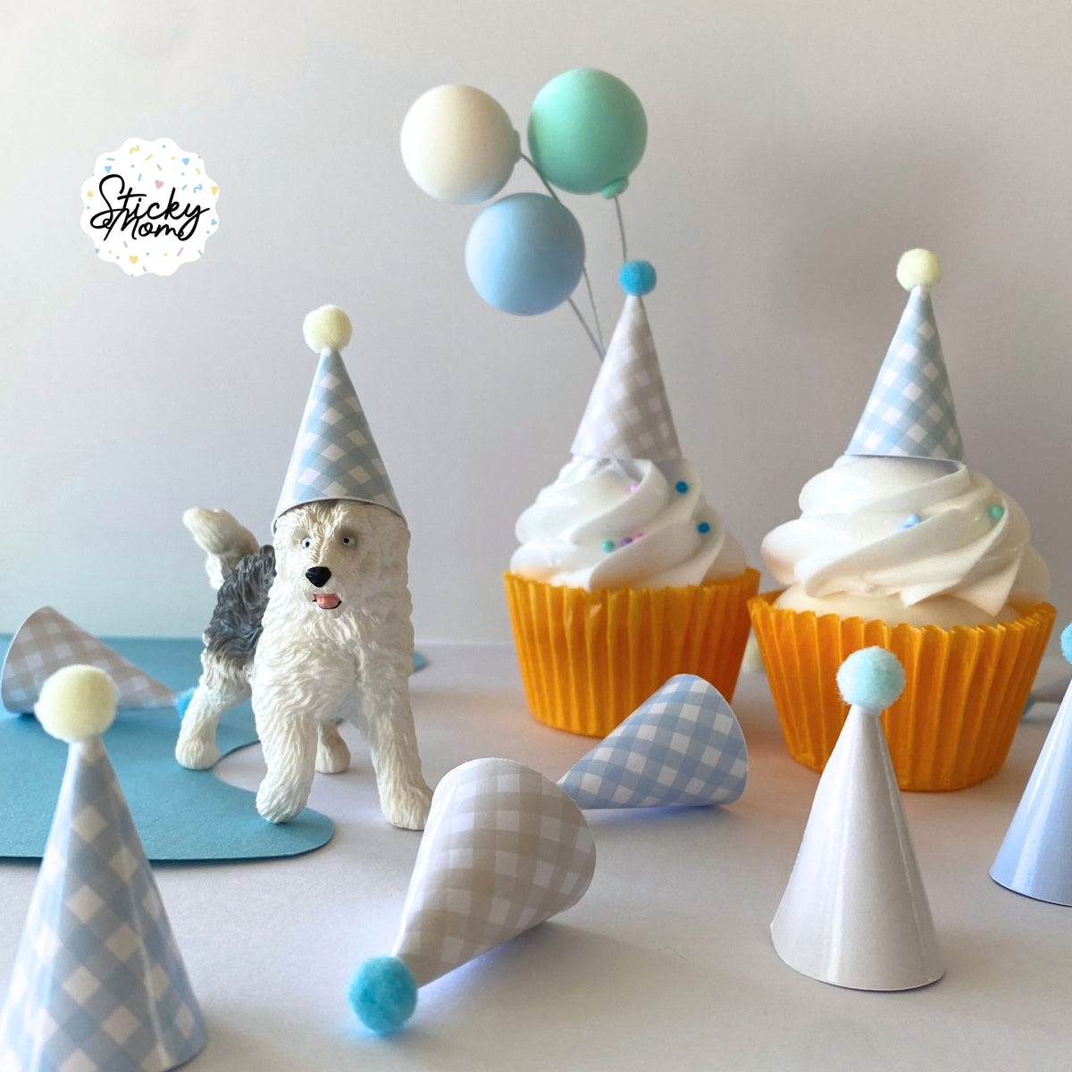 12x Mini Party Hats Pom Poms for Cupcake Toppers, Animal Figurines & Plushies | Rainbow birthday Tiny Paper Cone Hats Set | Optional Elastic