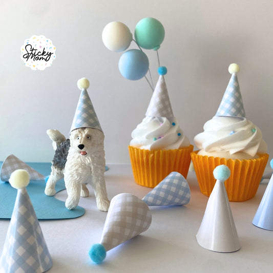12x Mini Party Hats Pom Poms for Cupcake Toppers, Animal Figurines & Plushies | Rainbow birthday Tiny Paper Cone Hats Set | Optional Elastic