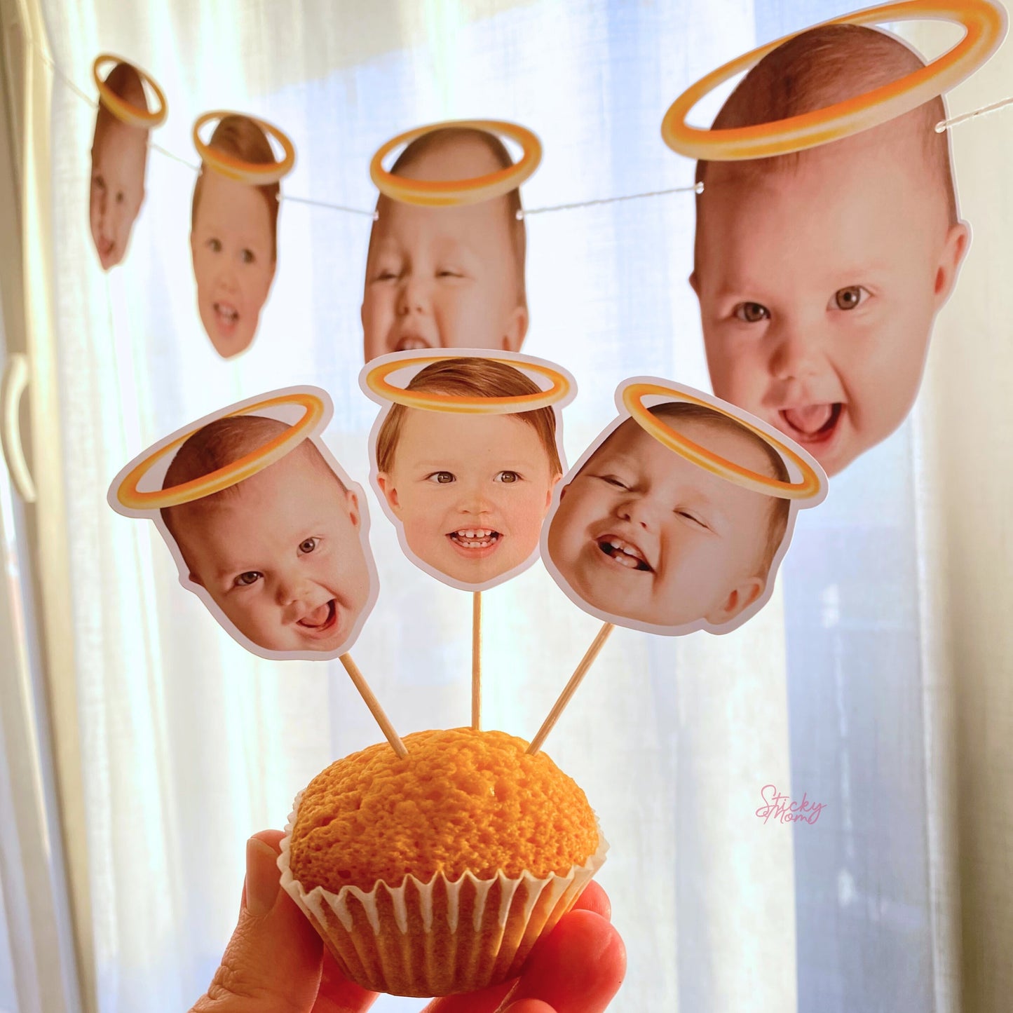 Tauffotogirlande | Cupcake-Topper zur Taufe | Konfetti mit personalisierten Babyfotos | Dekoration für die Tauffeier