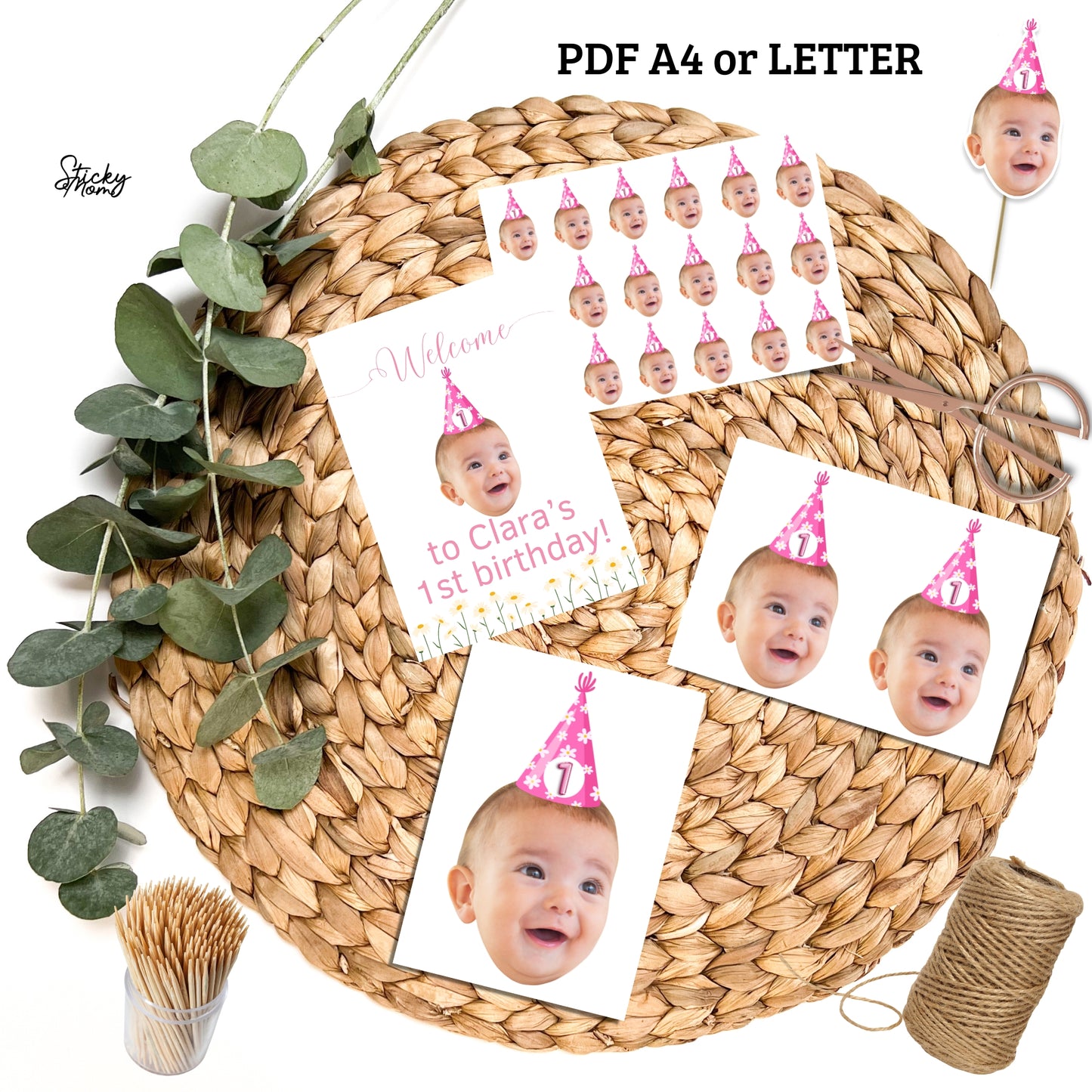 Baby personalized face banner & cupcake toppers