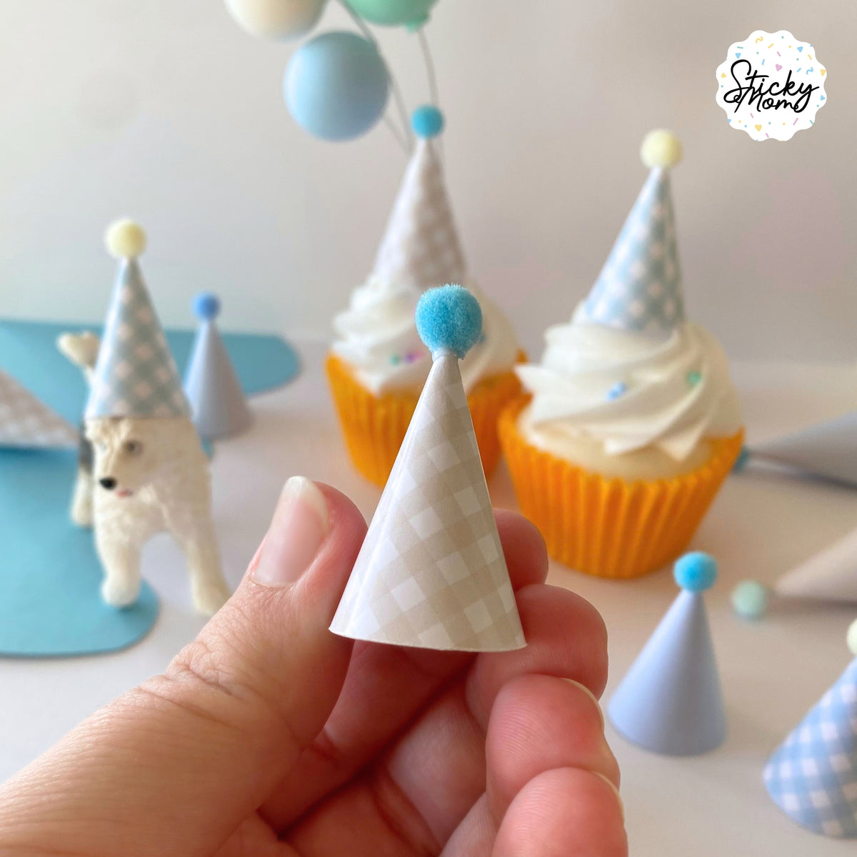 12x Mini Party Hats Pom Poms for Cupcake Toppers, Animal Figurines & Plushies | Rainbow birthday Tiny Paper Cone Hats Set | Optional Elastic