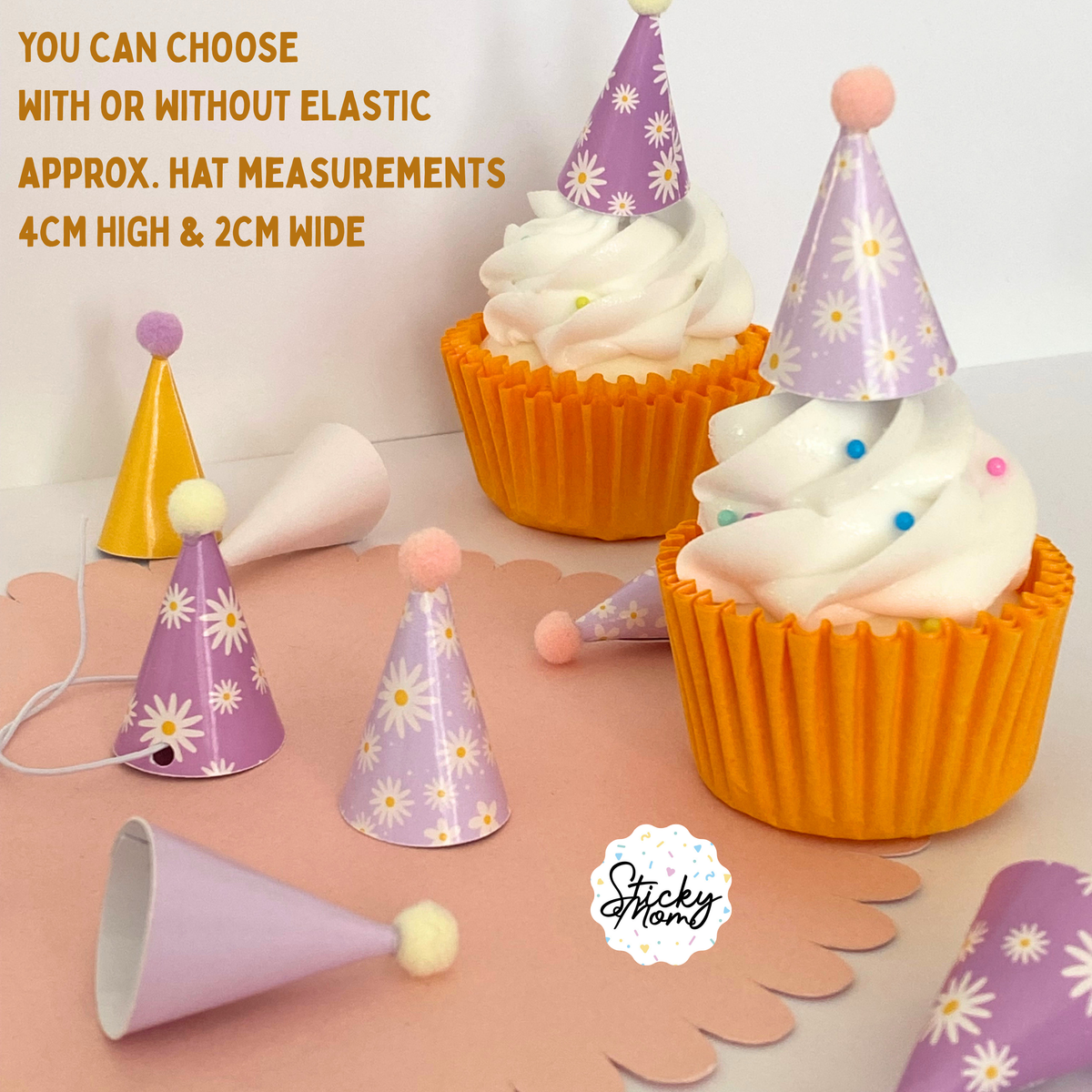 12x Mini Party Hats Pom Poms for Cupcake Toppers, Animal Figurines & Plushies | Rainbow birthday Tiny Paper Cone Hats Set | Optional Elastic