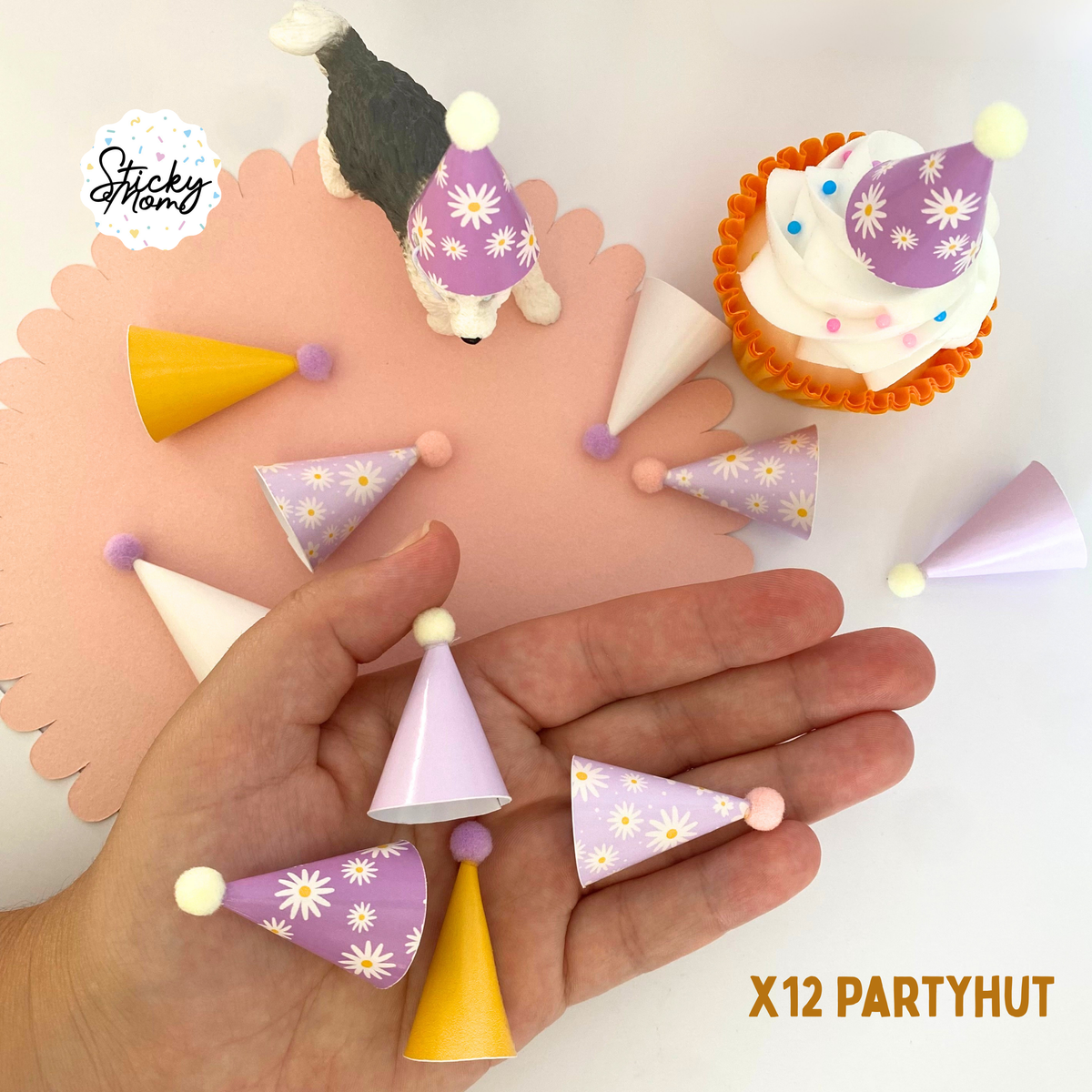 12x Mini Party Hats Pom Poms for Cupcake Toppers, Animal Figurines & Plushies | Rainbow birthday Tiny Paper Cone Hats Set | Optional Elastic