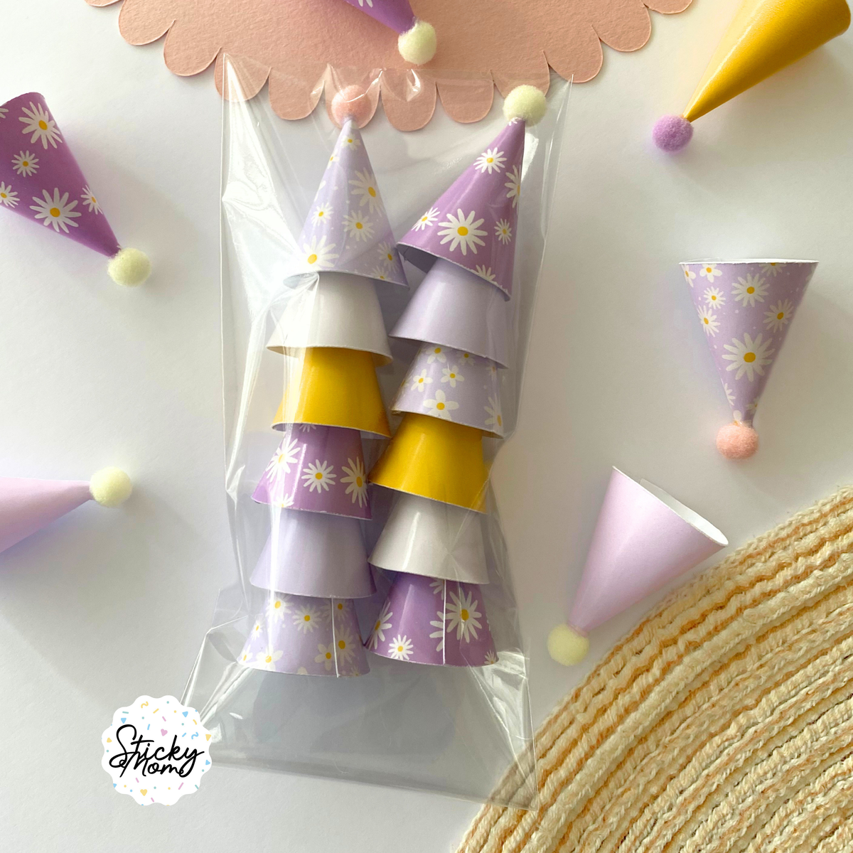 12x Mini Party Hats Pom Poms for Cupcake Toppers, Animal Figurines & Plushies | Rainbow birthday Tiny Paper Cone Hats Set | Optional Elastic