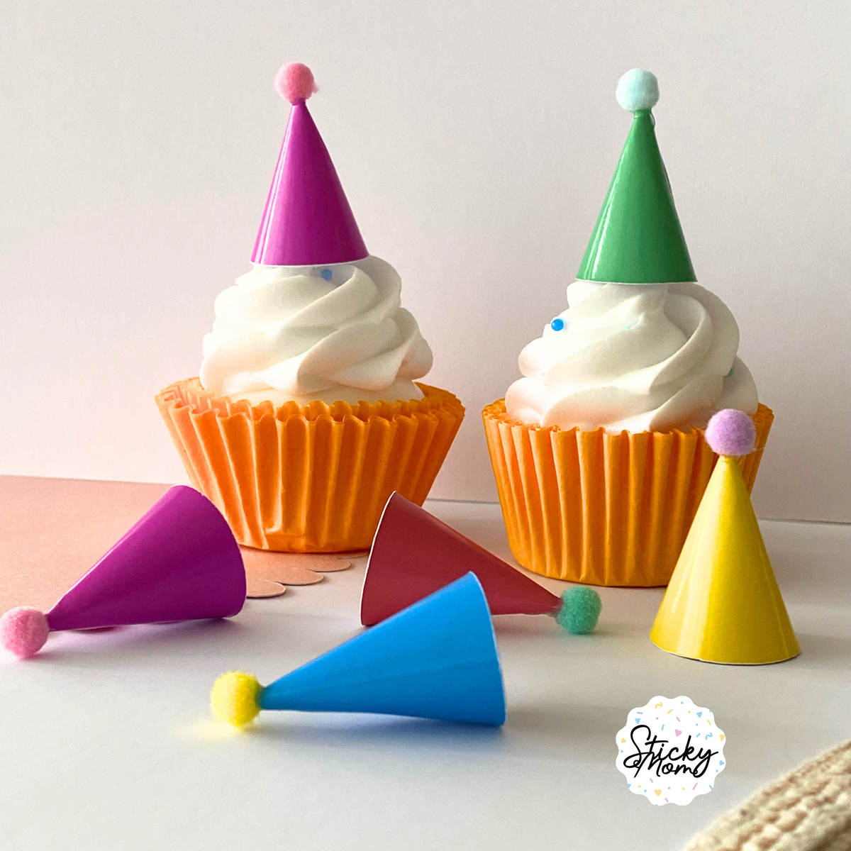 12x Mini Party Hats Pom Poms for Cupcake Toppers, Animal Figurines & Plushies | Rainbow birthday Tiny Paper Cone Hats Set | Optional Elastic