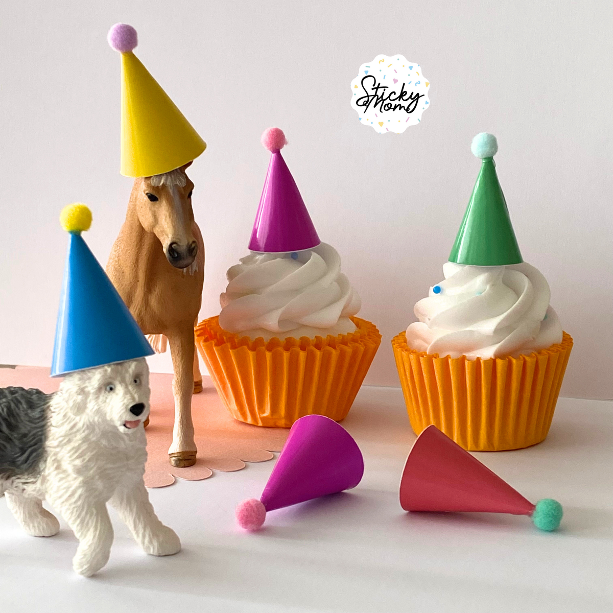 12x Mini Party Hats Pom Poms for Cupcake Toppers, Animal Figurines & Plushies | Rainbow birthday Tiny Paper Cone Hats Set | Optional Elastic