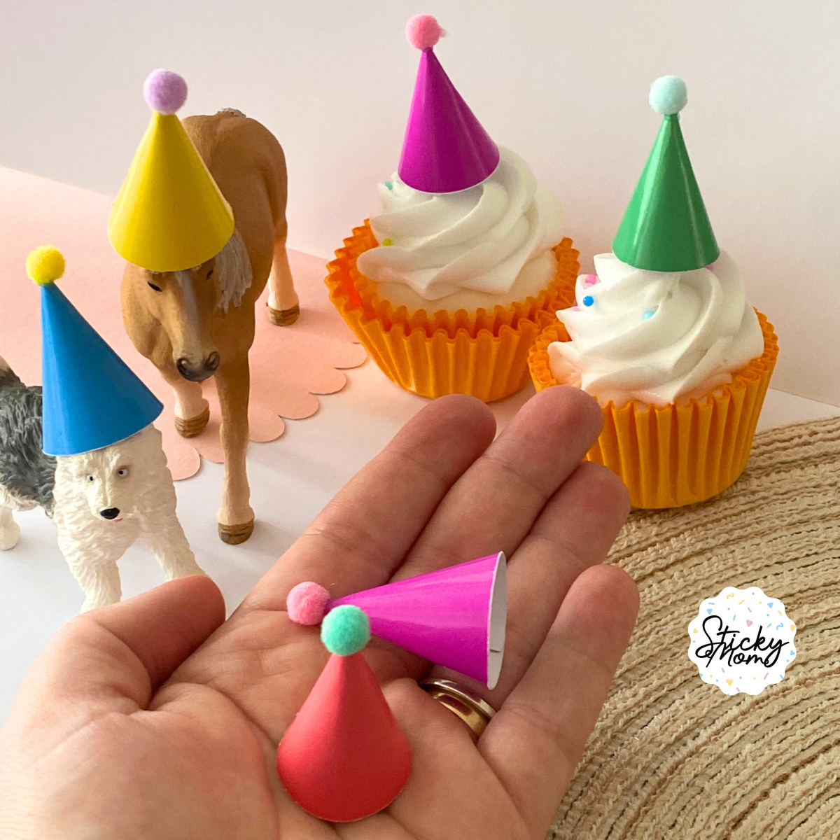 12x Mini Party Hats Pom Poms for Cupcake Toppers, Animal Figurines & Plushies | Rainbow birthday Tiny Paper Cone Hats Set | Optional Elastic