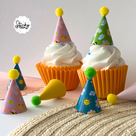 12x Mini Party Hats Pom Poms for Cupcake Toppers, Animal Figurines & Plushies | Rainbow birthday Tiny Paper Cone Hat Set | Optional Elastic