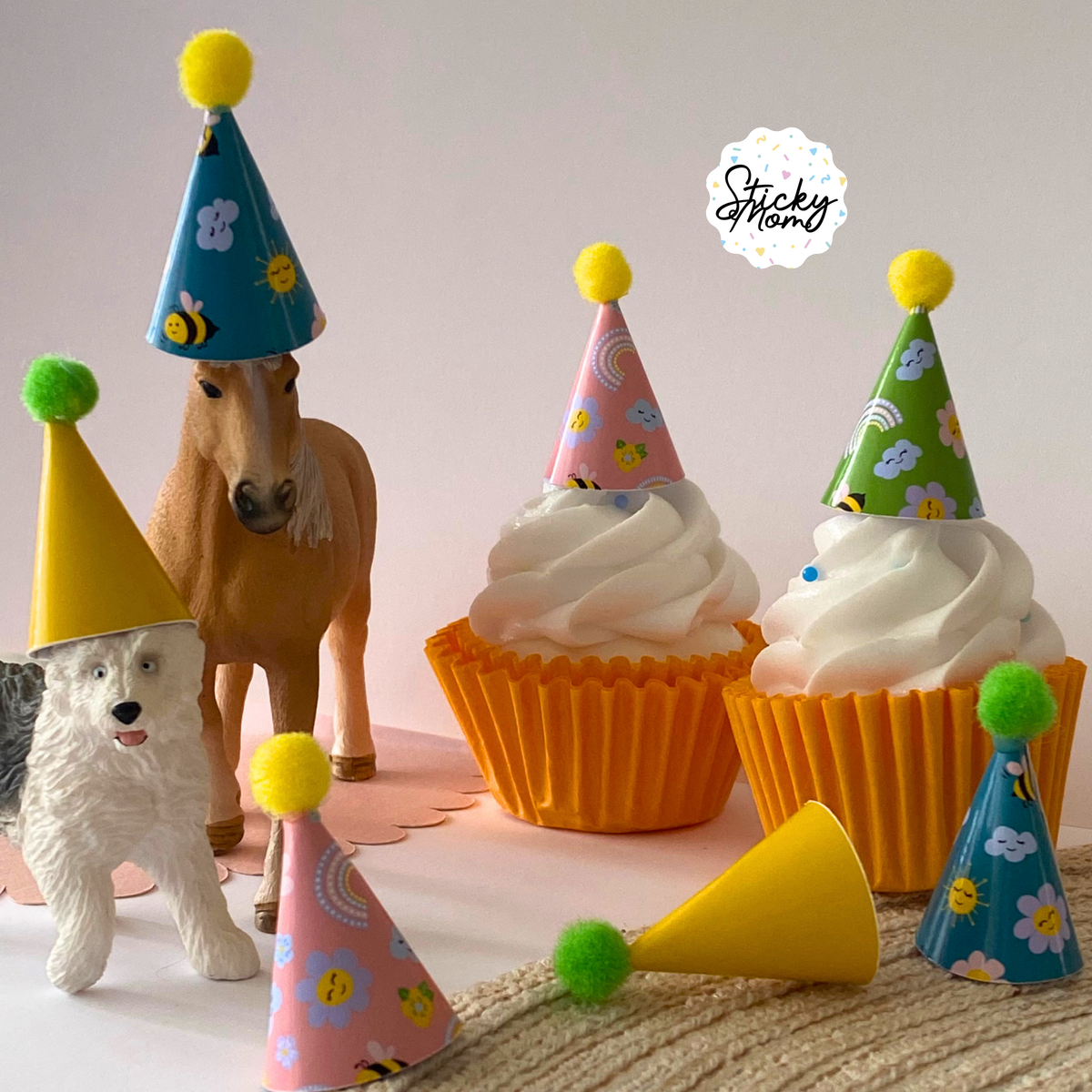 12x Mini Party Hats Pom Poms for Cupcake Toppers, Animal Figurines & Plushies | Rainbow birthday Tiny Paper Cone Hats Set | Optional Elastic