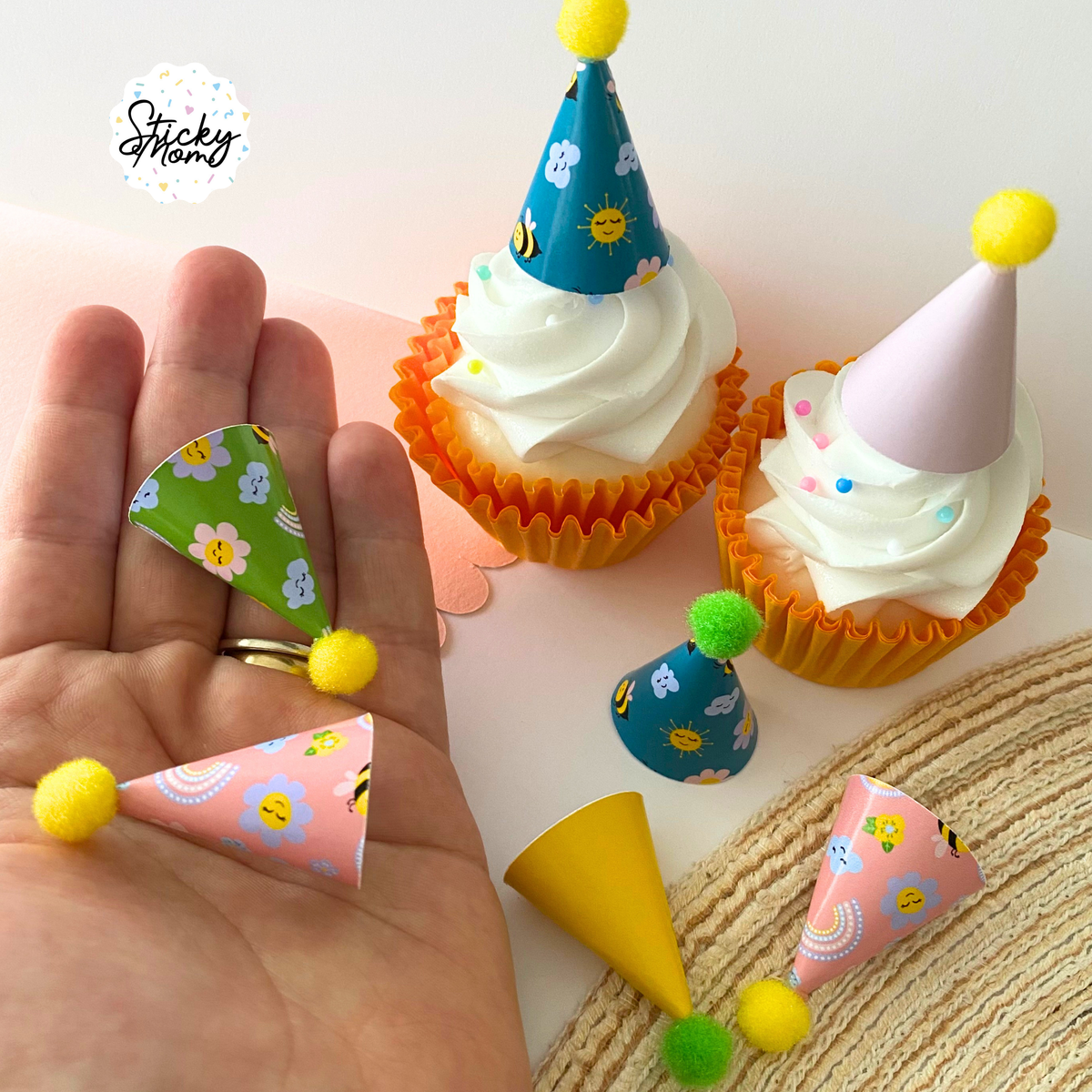 12x Mini Party Hats Pom Poms for Cupcake Toppers, Animal Figurines & Plushies | Rainbow birthday Tiny Paper Cone Hats Set | Optional Elastic