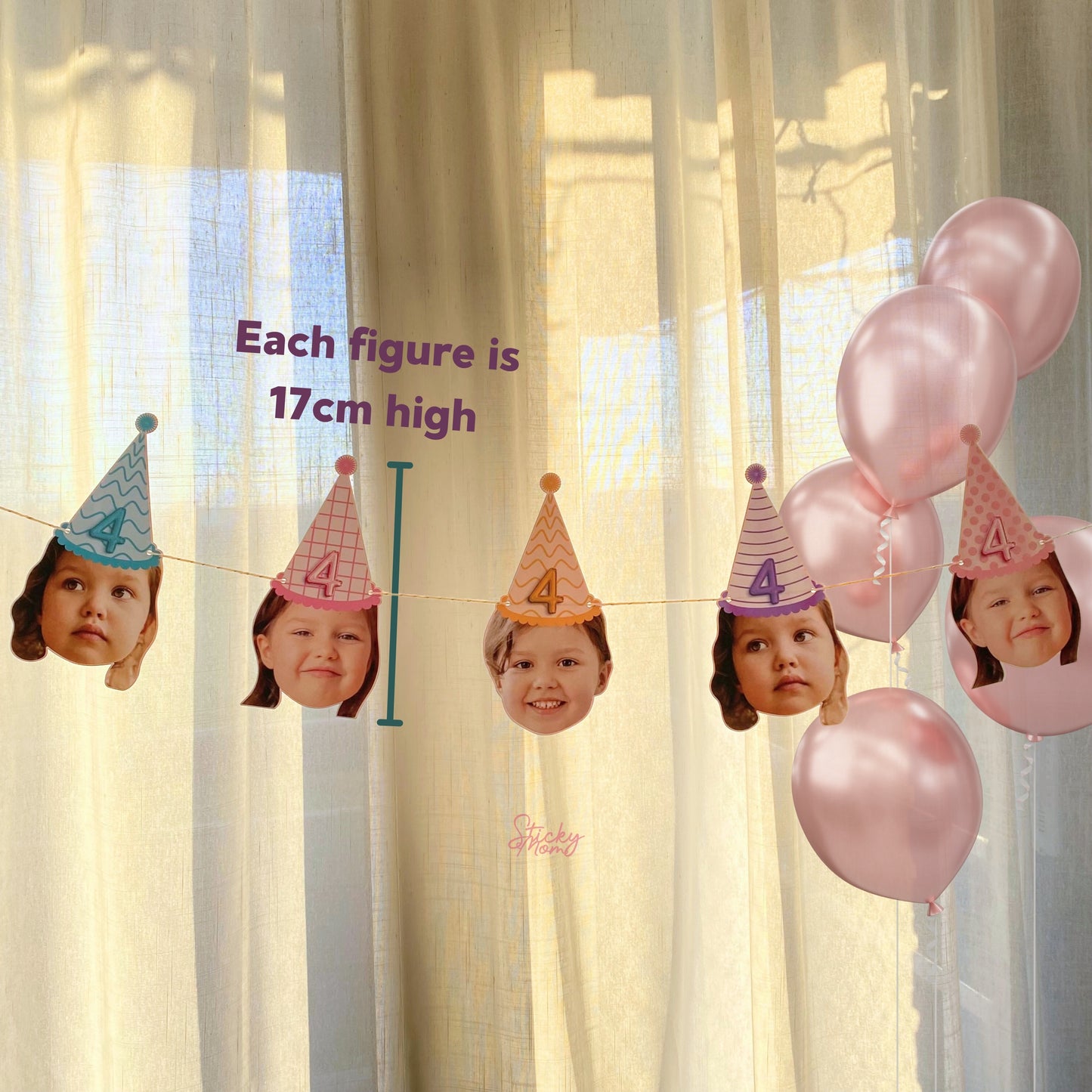 Photo garlands 1st 2nd 3rd 4th 5th 6th 7th 8th 9th birthday | Birthday banner face | Custom picture banner for birthday party confetti photo cupcake toppers Stickymomshop girl birthday party colorful rainbow birthday girl decorations