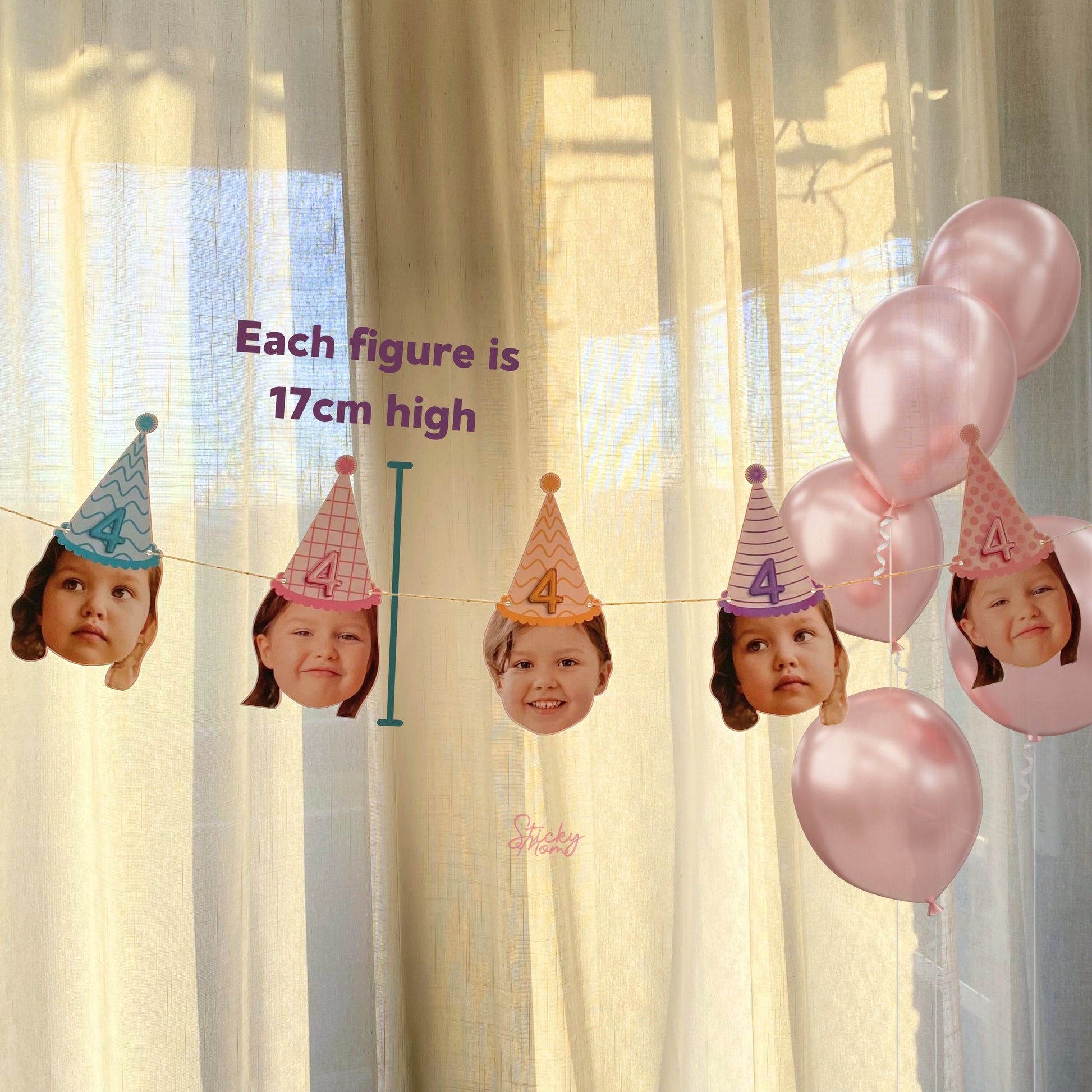 Photo garlands 1st 2nd 3rd 4th 5th 6th 7th 8th 9th birthday | Birthday banner face | Custom picture banner for birthday party confetti photo cupcake toppers Stickymomshop girl birthday party colorful rainbow birthday girl decorations