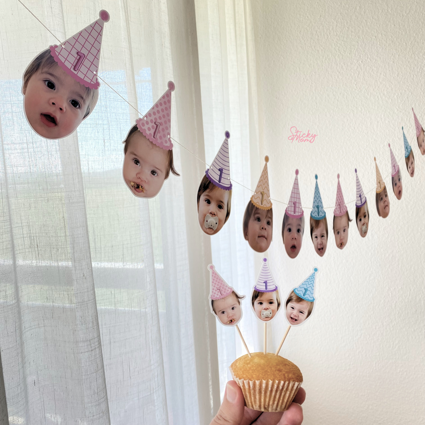 Mädchengesicht-Banner, Cupcake-Topper und Konfetti – 3., 4., 5. und 6. Geburtstag