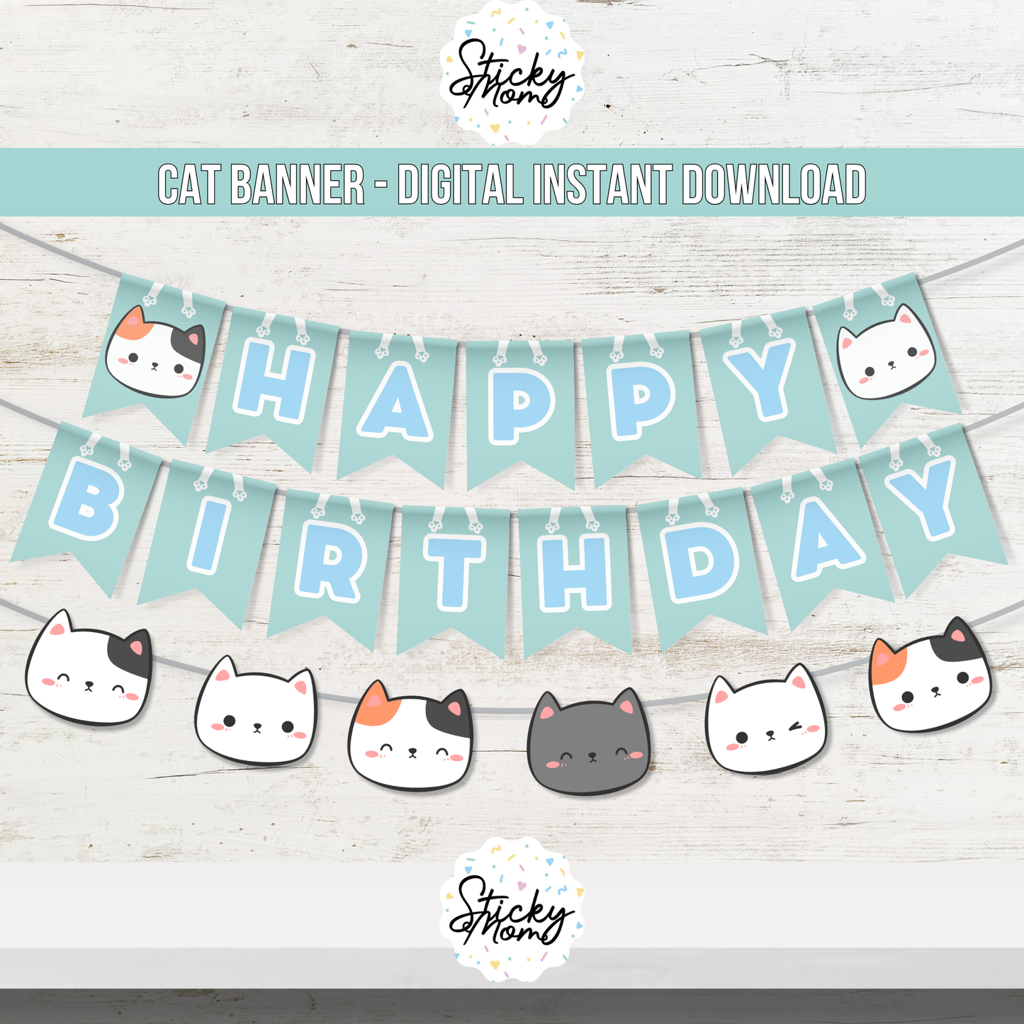 Cat Birthday Party Garland DIGITAL | Blue and Green Cat banner and Cat Poster - instant download kitten party!
