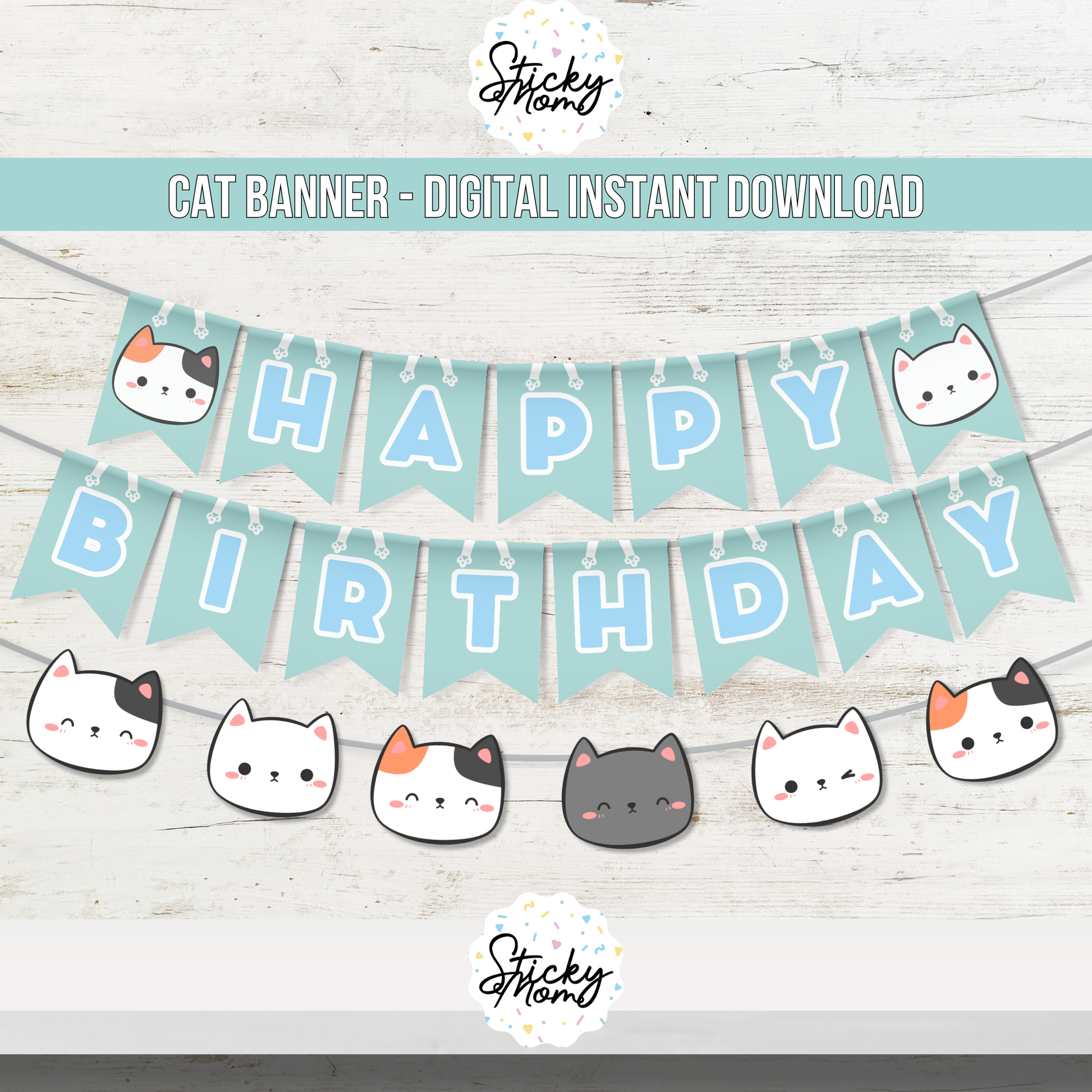 Cat Birthday Party Garland DIGITAL | Blue and Green Cat banner and Cat Poster - instant download kitten party!