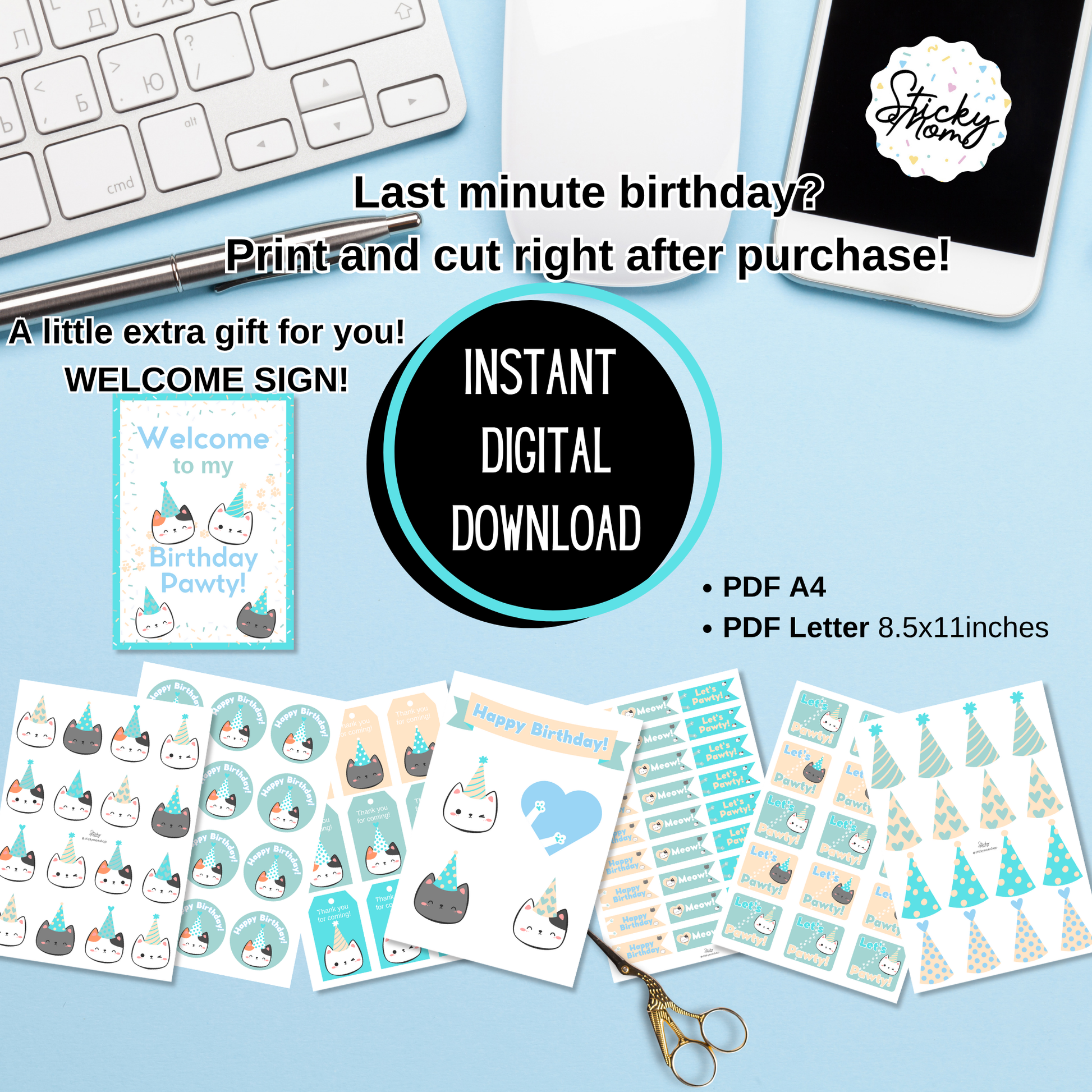 Cat Cake topper DIGITAL Kitty Party Decoration | Blue and Green Cat cupcake toppers and cat stickers - instant download stickymomshop